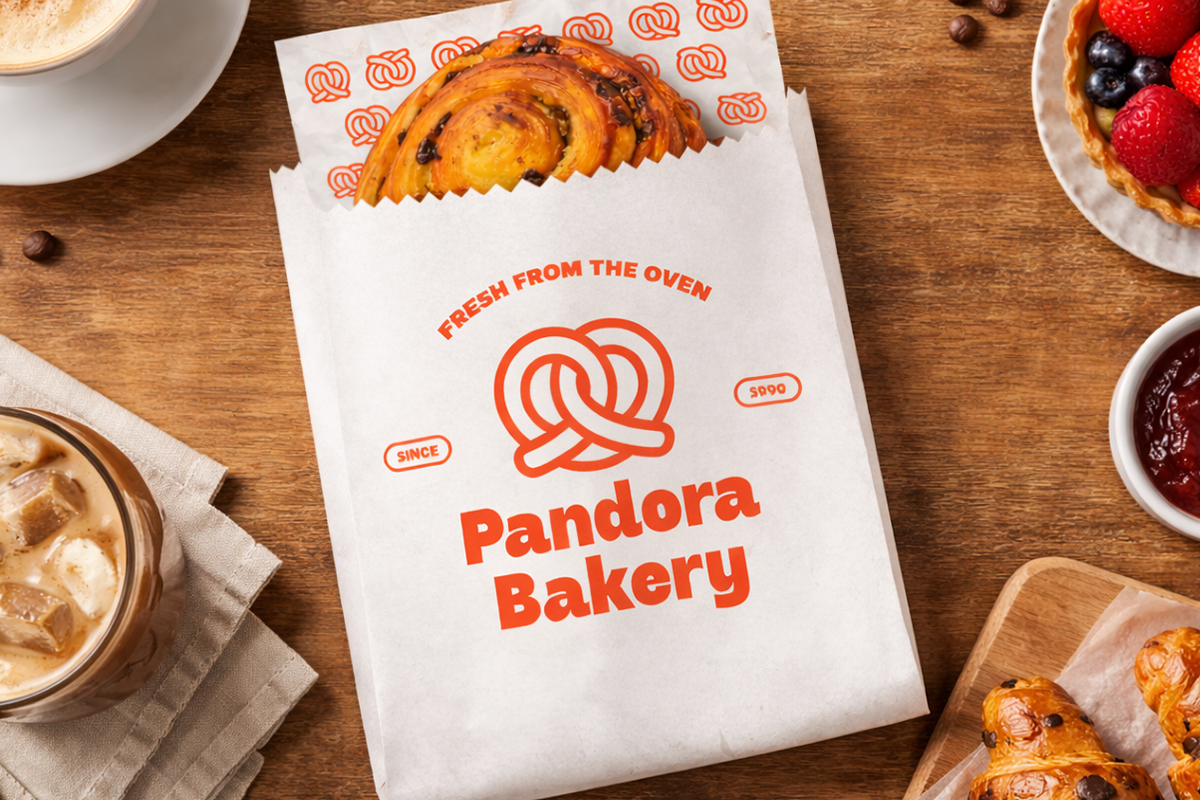 Pandora Bakery branded paper bag mockup with croissant photo, surrounded by pastries, coffee, berries on wooden table