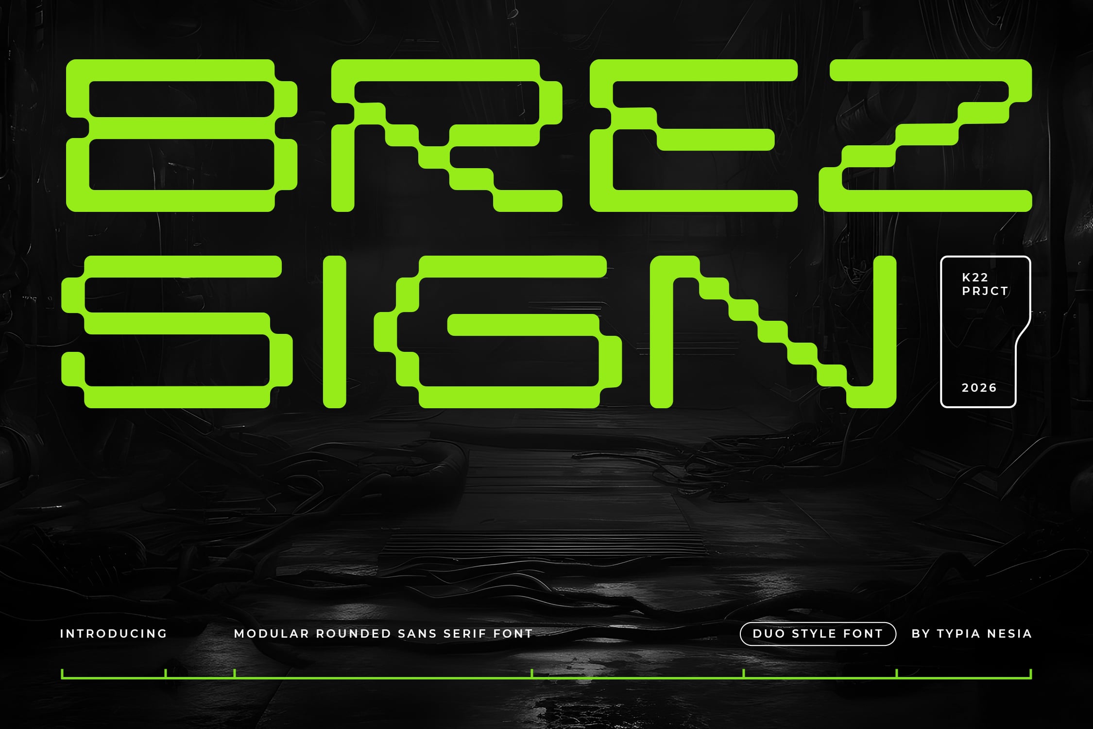 Bright neon lime font display with modular rounded letterforms on dark textured background