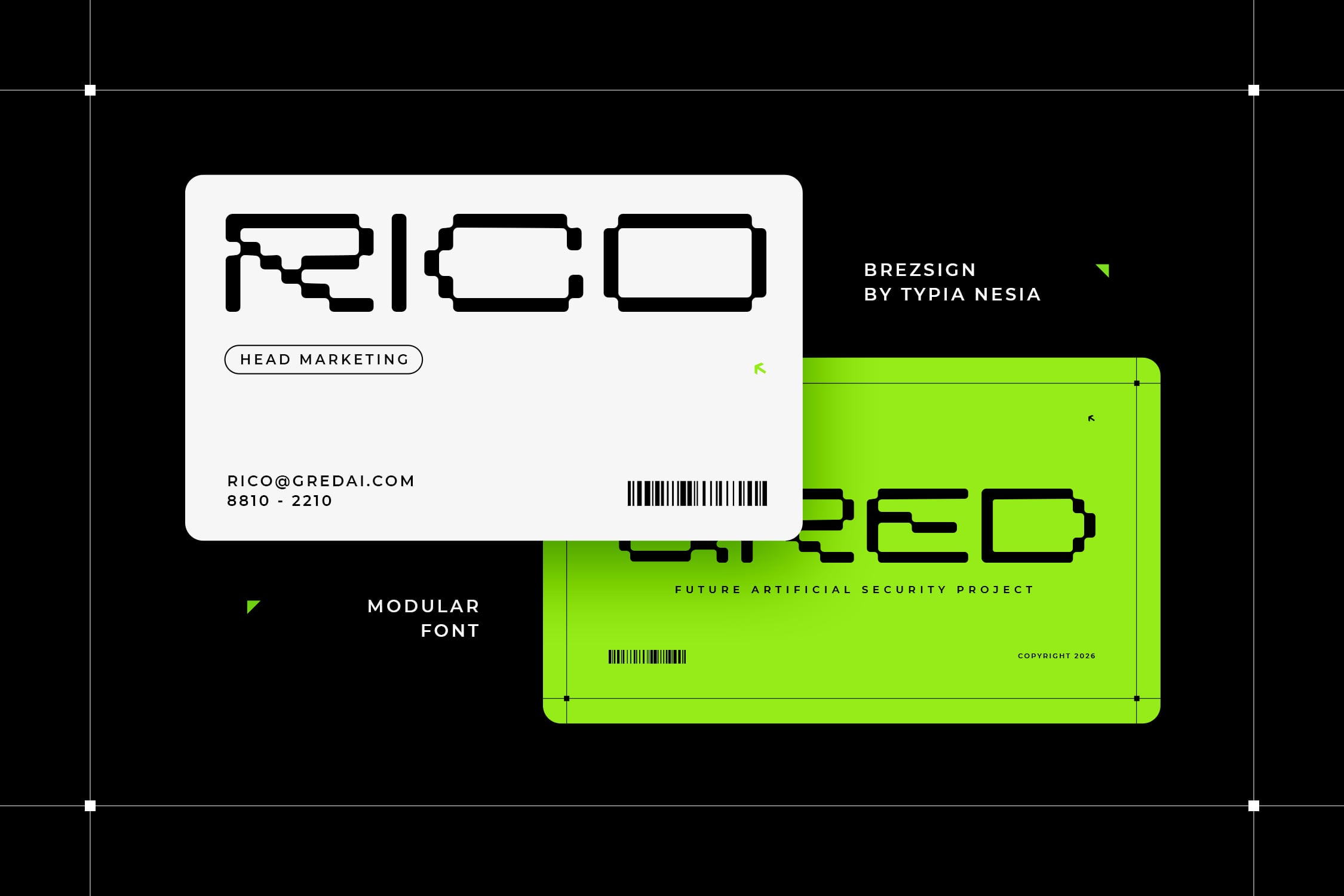 Brezsign modular font mockup showing pixelated letterforms on white business card with lime green futuristic branding layout