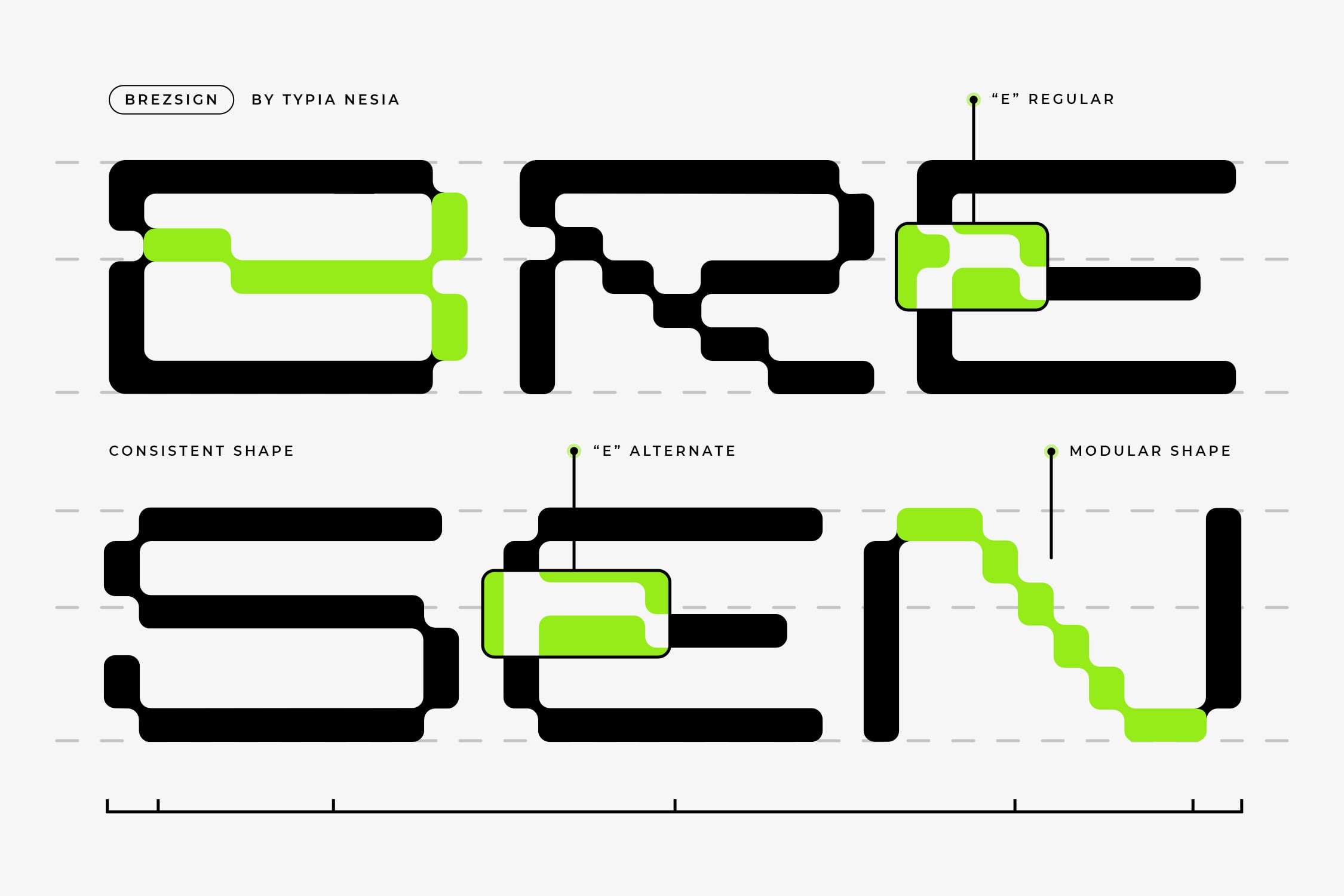 Brezsign font family by Typia Nesia showing six layout variations with neon lime accents on black shapes