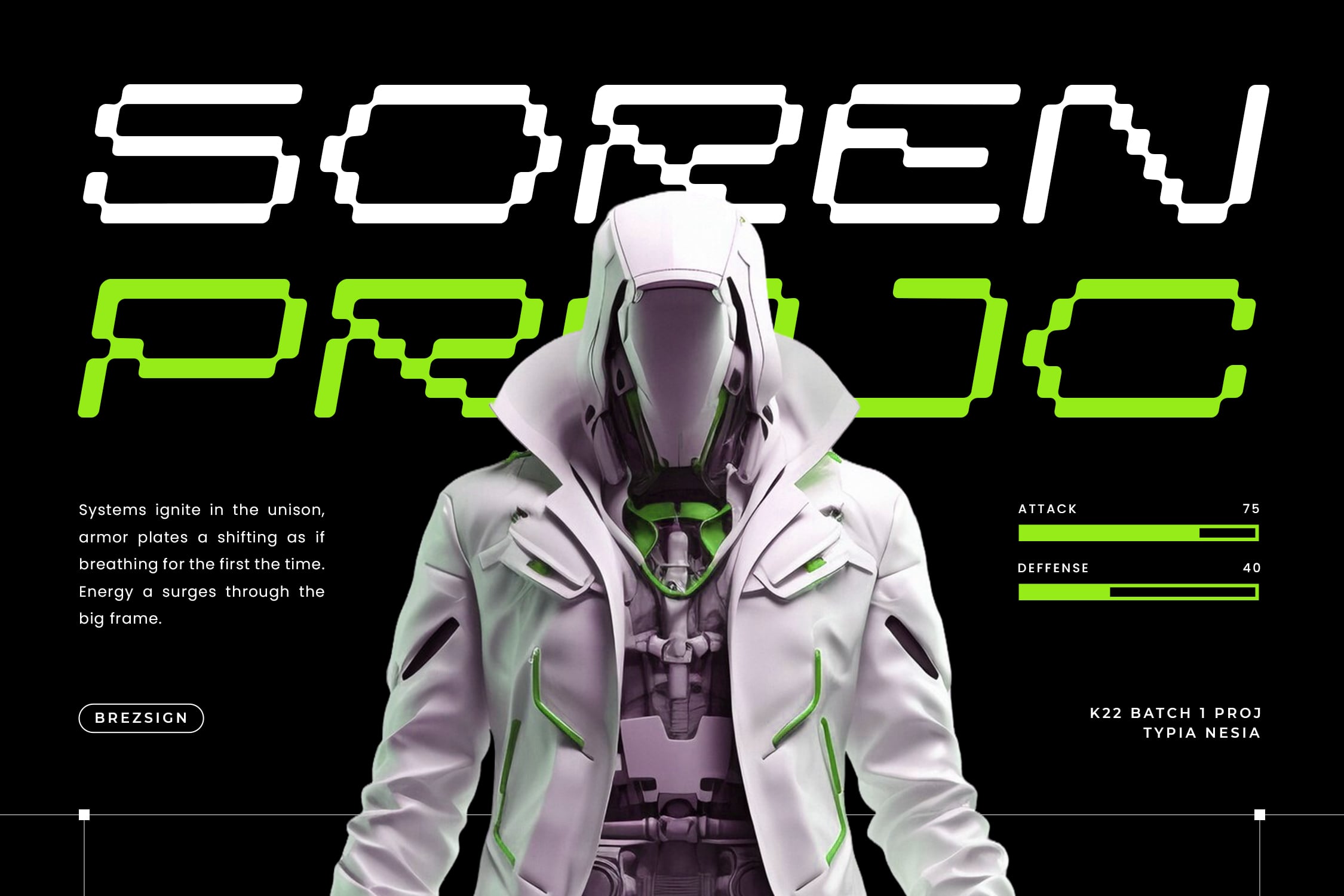 Futuristic character mockup with neon lime accents, white armor jacket, glitch typography, stats bars