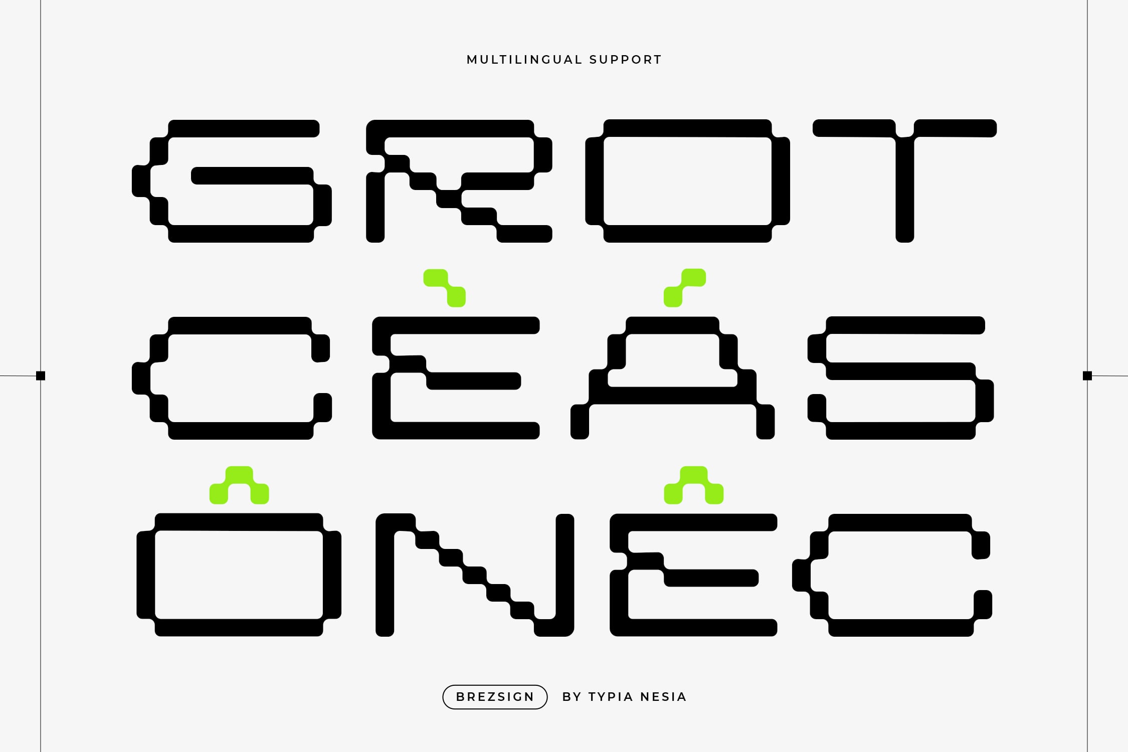 Brezsign font family with bold geometric frames in multiple languages with lime accents