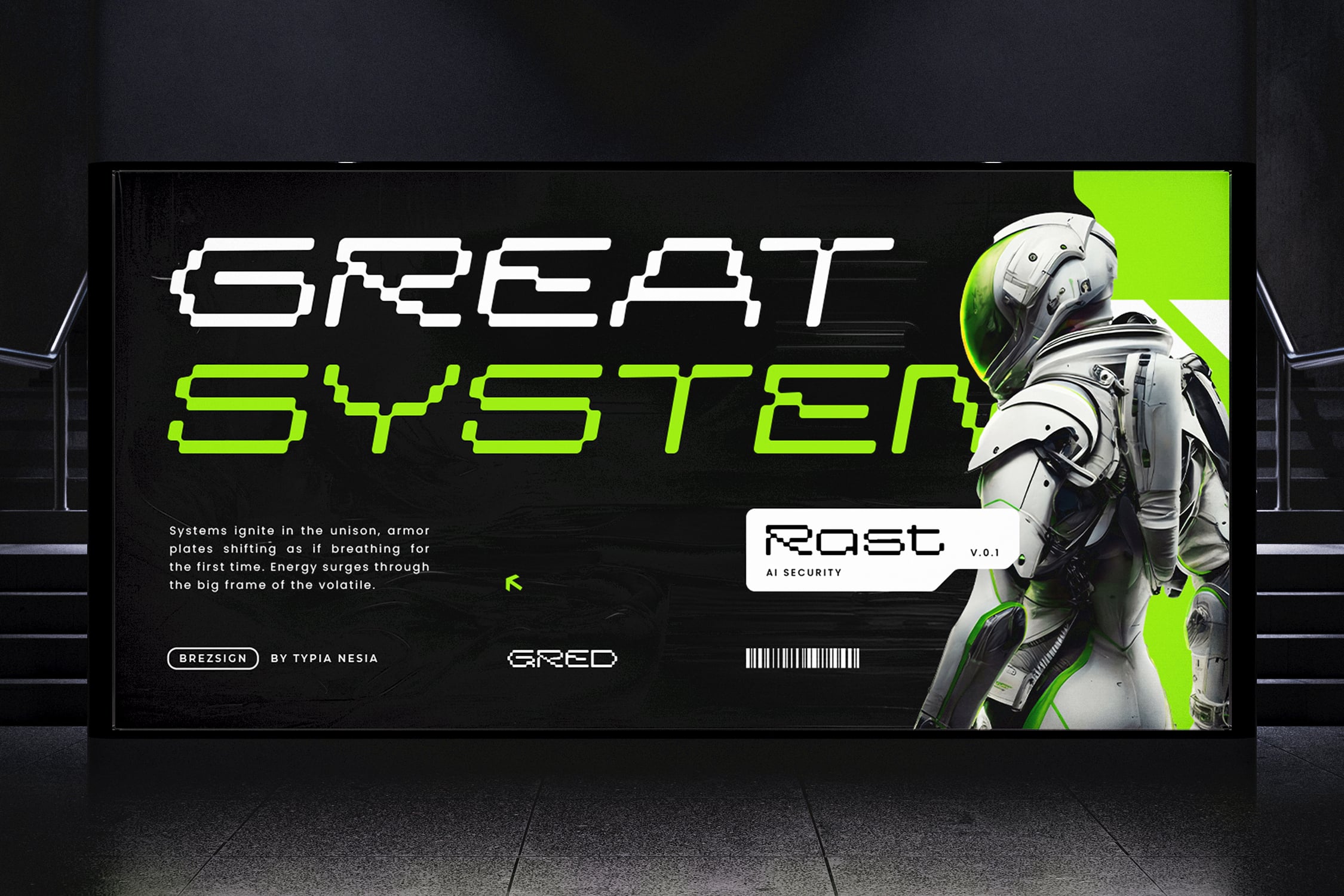 Futuristic billboard mockup with neon green text, armored robot figure, black background, cyberpunk aesthetic design