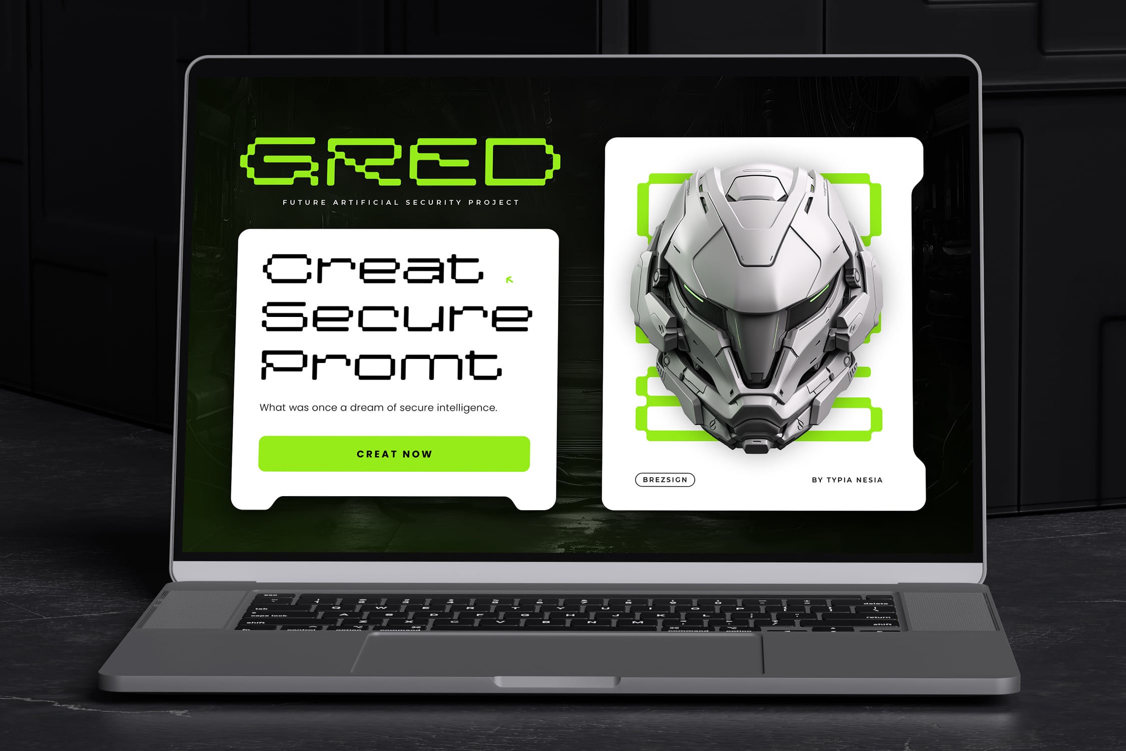 Laptop displaying neon green sci-fi web design mockup with futuristic robot helmet artwork