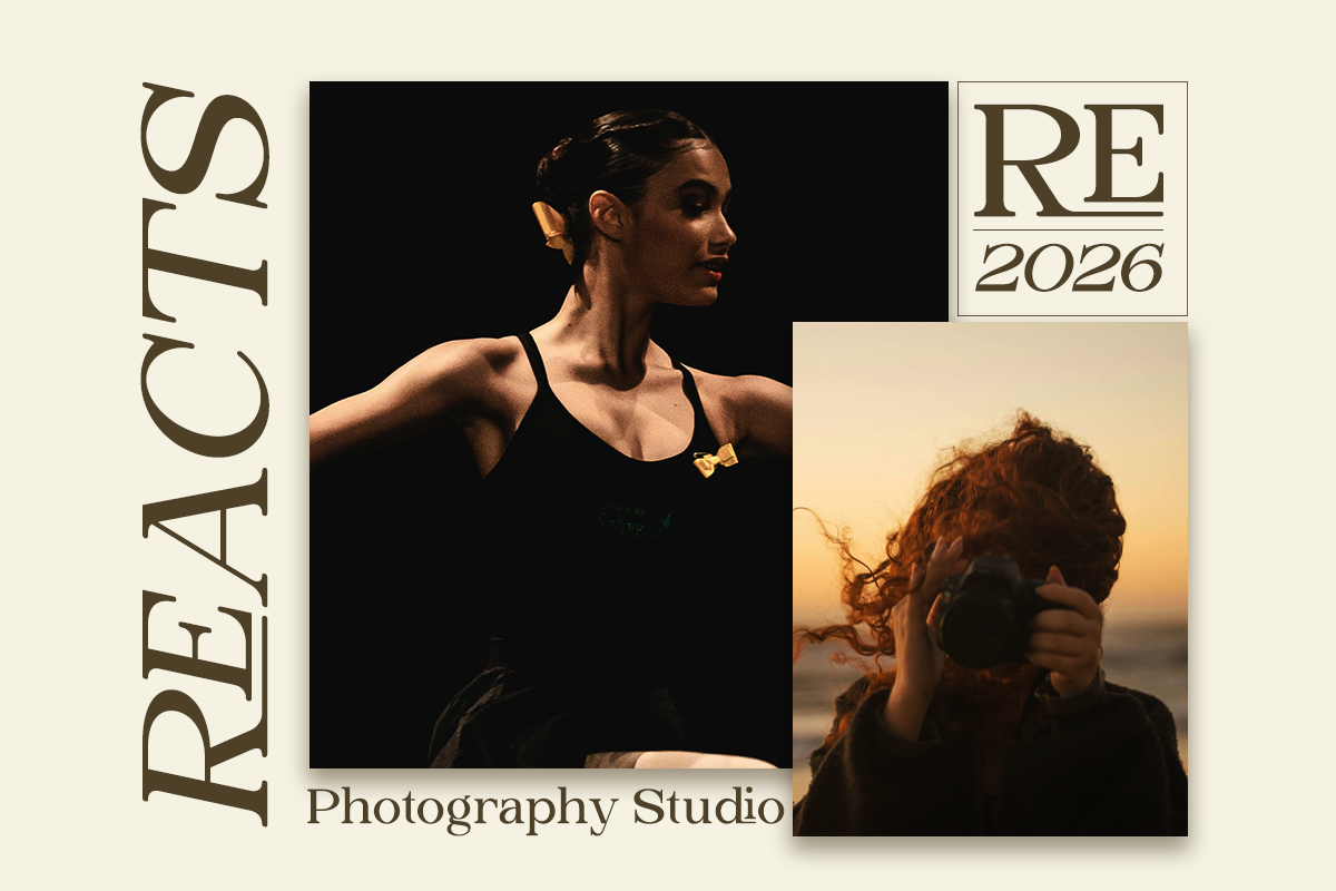 Luxury photography studio branding layout with elegant serif type, portrait shots, gold accents