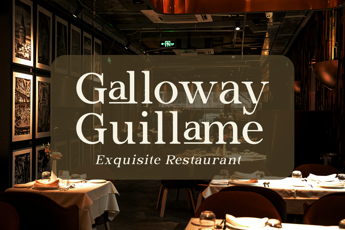 Upscale restaurant window display with elegant serif type overlay on frosted glass, warm lighting, plated tables visible inside