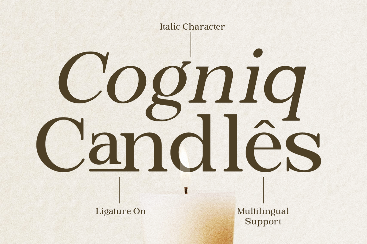 Serif font showing Cogging Candles with italic character, ligature on, multilingual support labeled