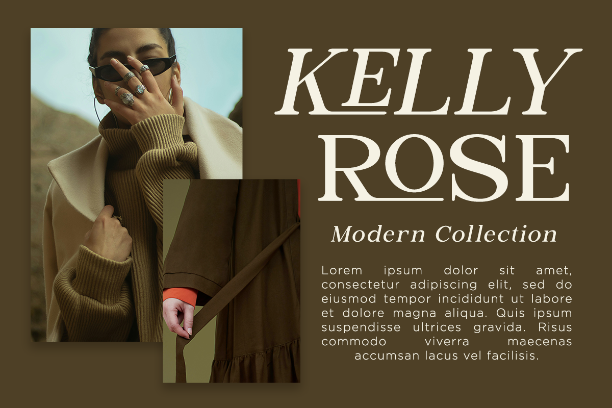 Woman in oversized beige cardigan, black sunglasses, styled fashion lookbook layout with Kelly Rose branding