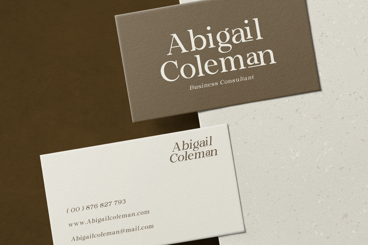 Minimal business card mockup with taupe card on earthy background, shows consultant branding