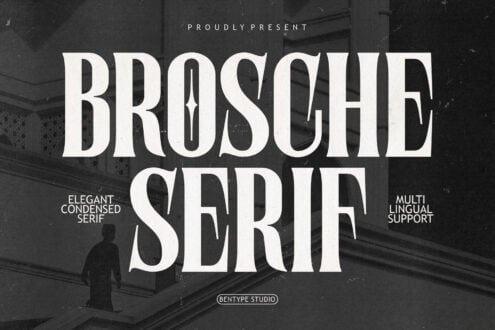 Brosque Serif font display with elegant condensed letterforms on dark textured background