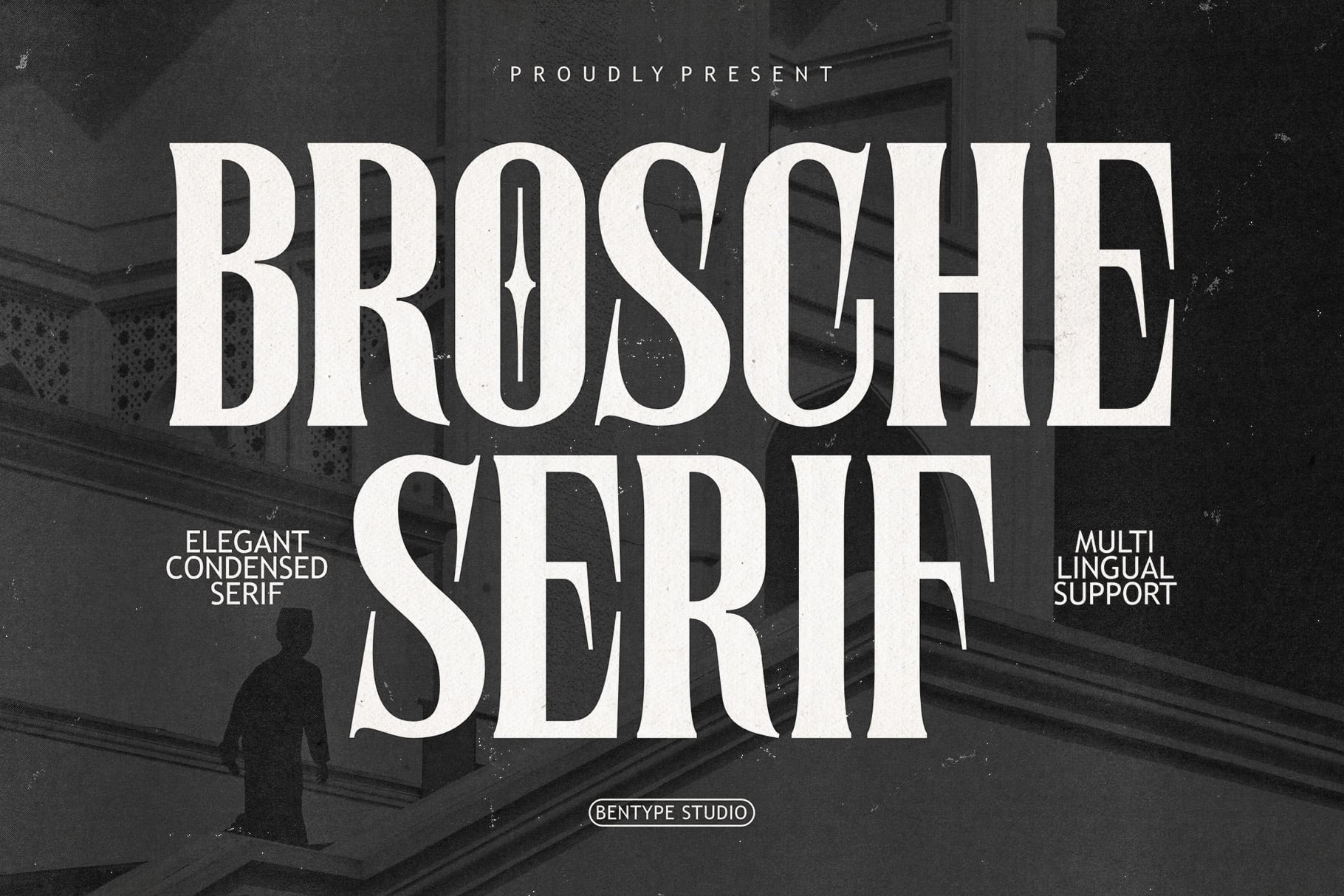 Brosque Serif font display with elegant condensed letterforms on dark textured background