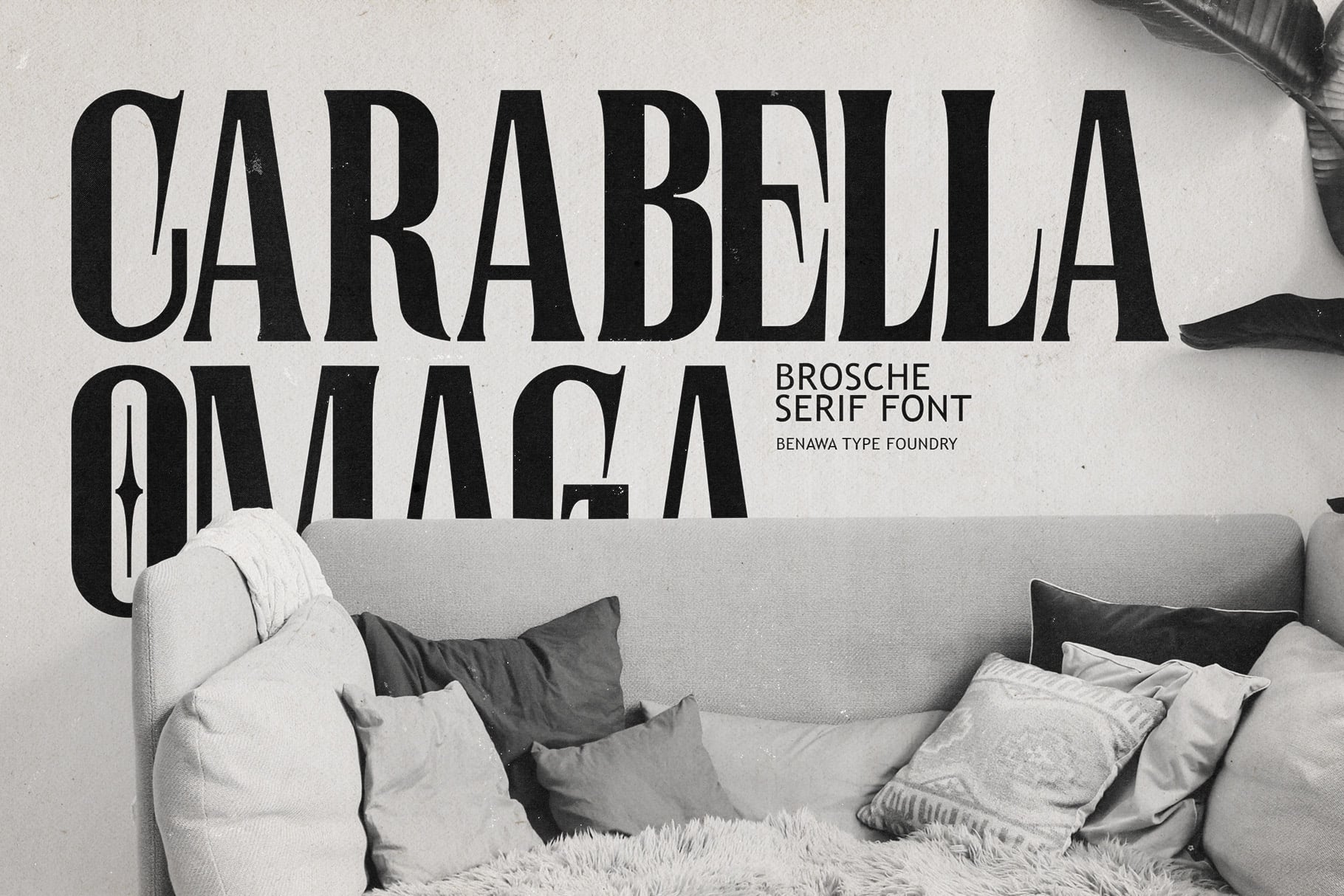 Carabella Brosche Serie font displayed on wall above cozy sofa with pillows