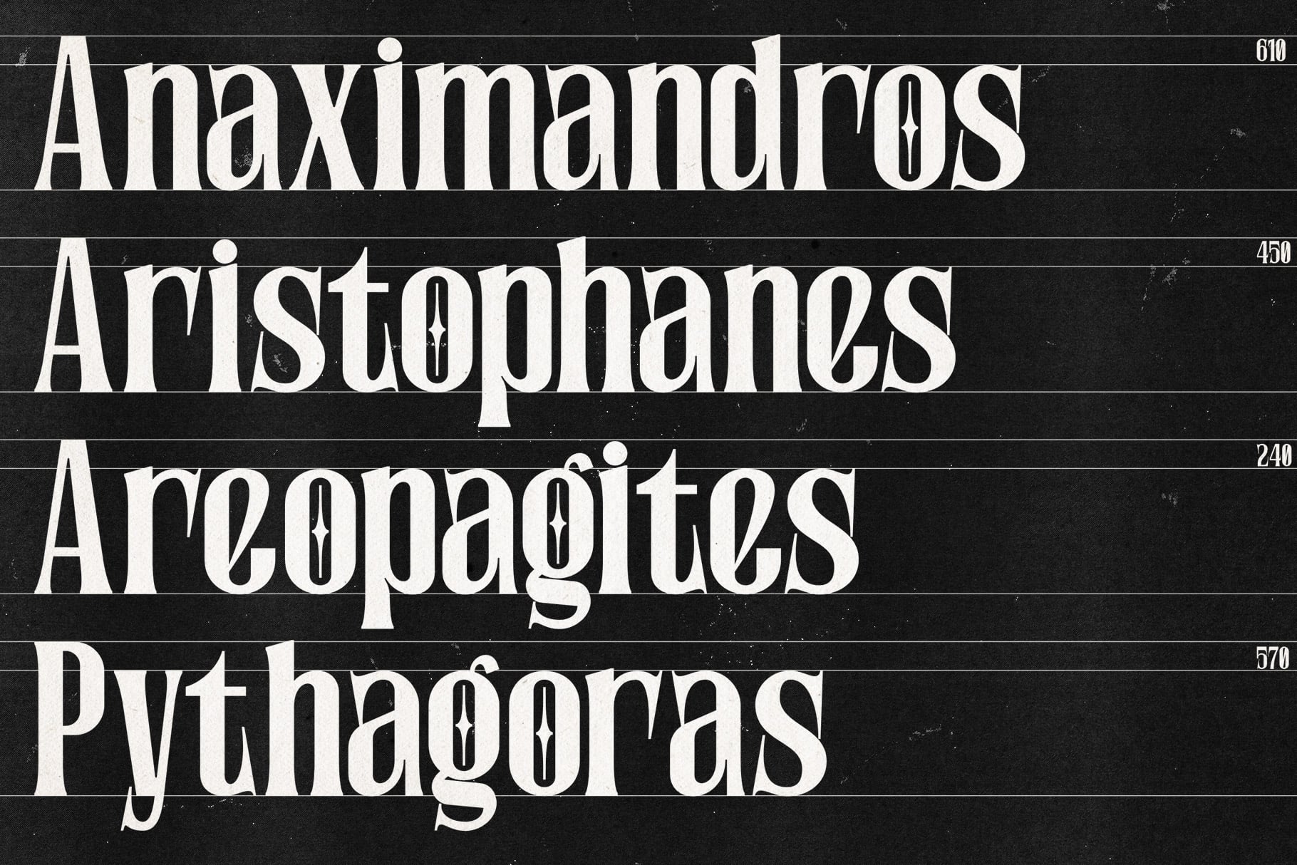 Vintage type specimen sheet showing four serif fonts in white on black background with point sizes