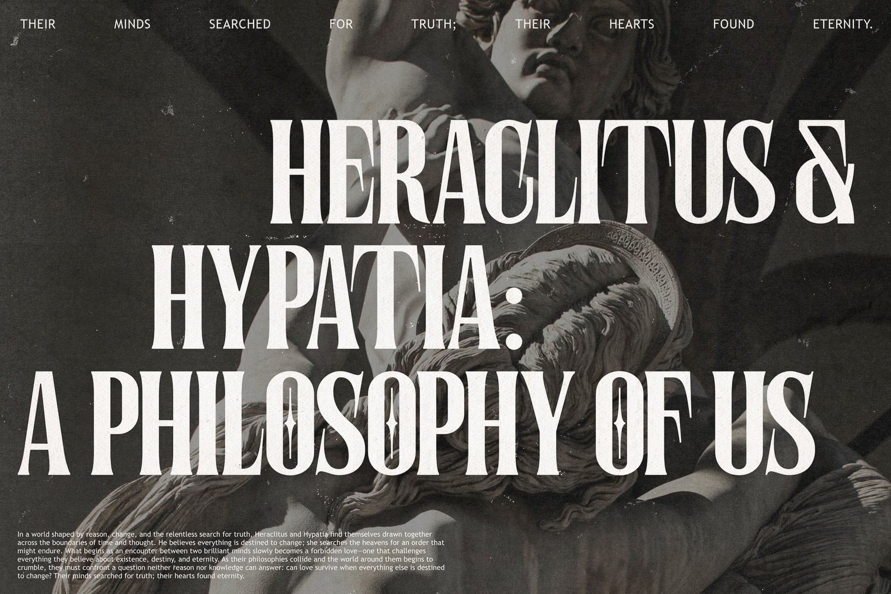 Dark classical mockup with marble statues, bold serif typography overlaying philosophical text about Herculitus, moody grayscale aesthetic