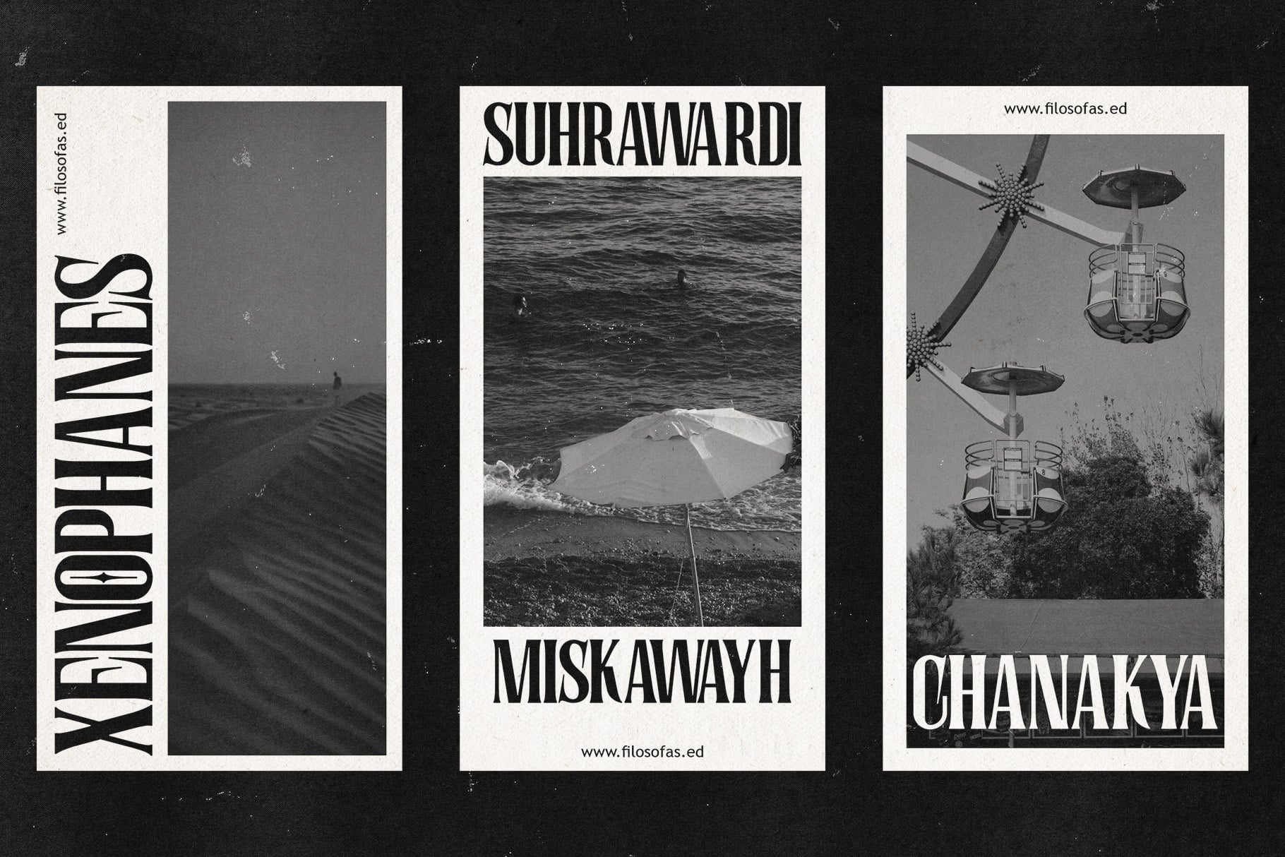 Black-and-white poster series with moody beach scenes, bold typography, minimal layouts for editorial design inspo