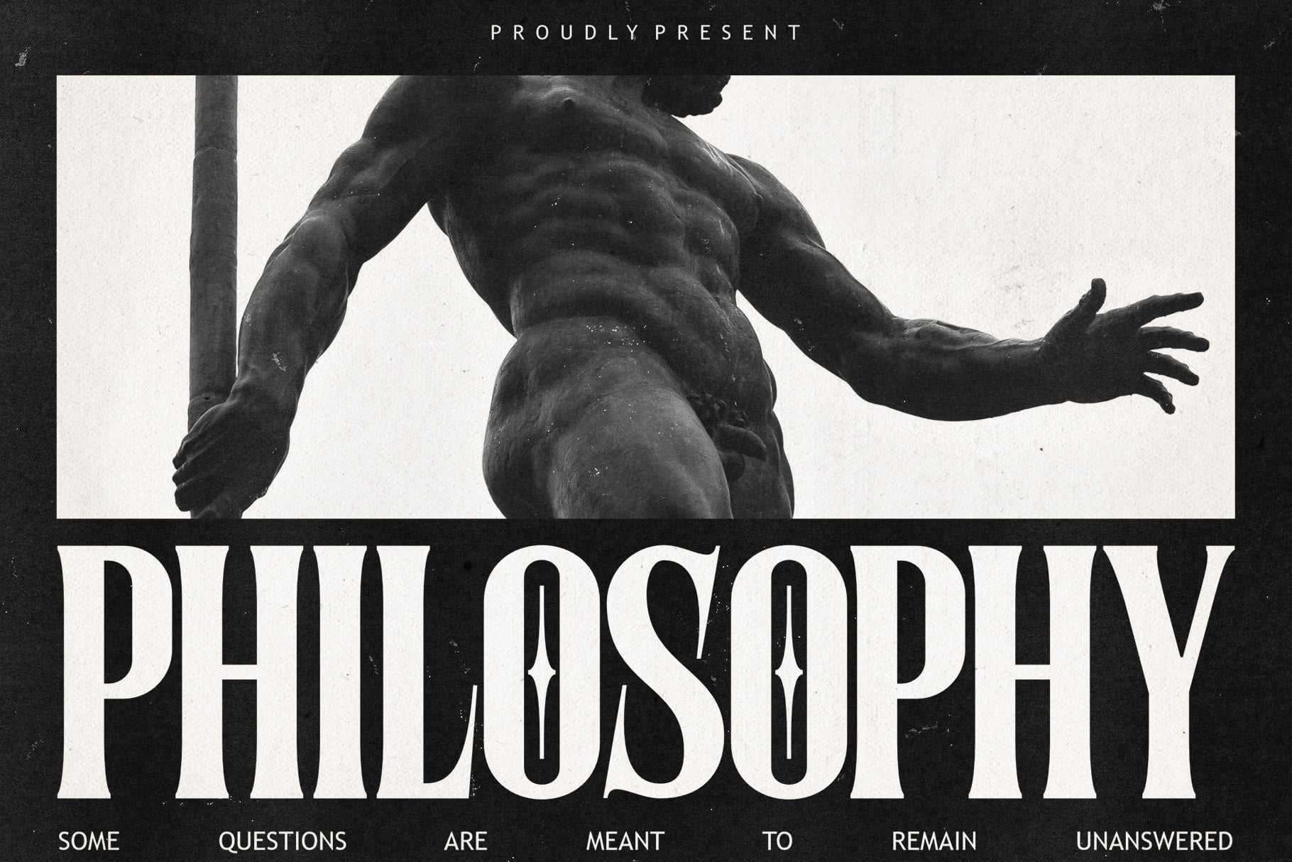 Classical statue torso with bold typography overlay, vintage black white aesthetic