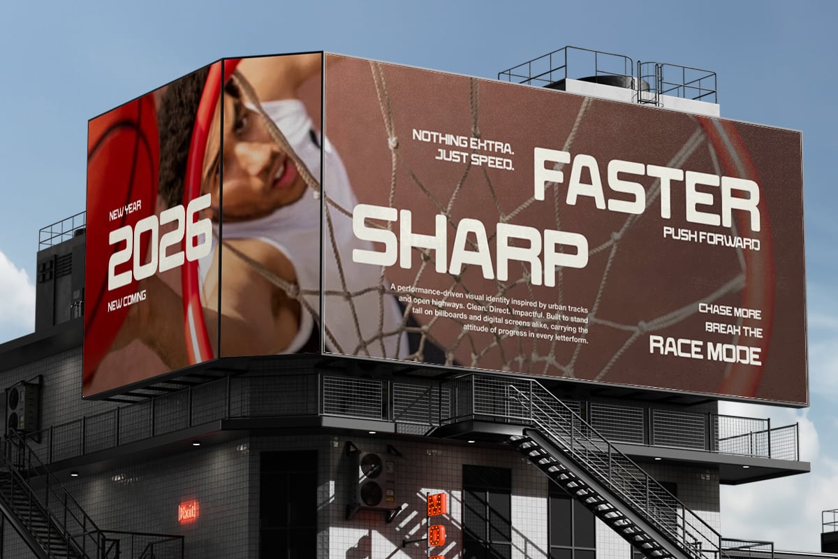 Billboard mockup showing dynamic sports campaign with red, brown tones