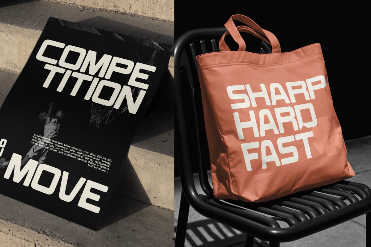 Black tote bag mockup with bold typography on concrete, terracotta bag on chair