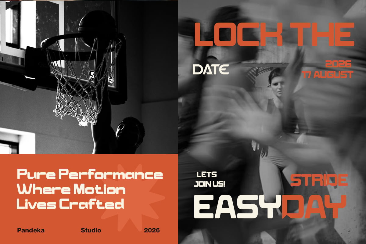 Sports event poster mockup with basketball net, motion blur, bold orange typography