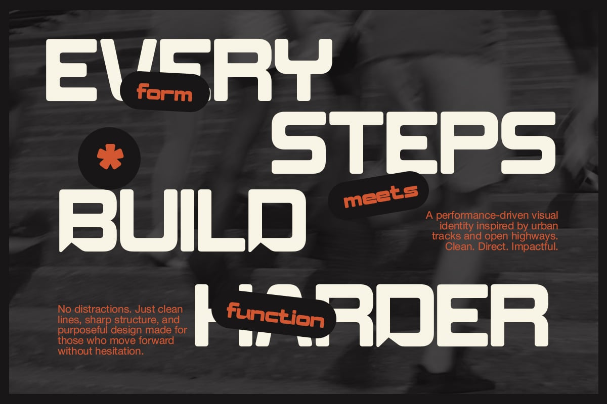 Bold sans serif typeface with cream lettering, orange accents, urban highway aesthetic mockup