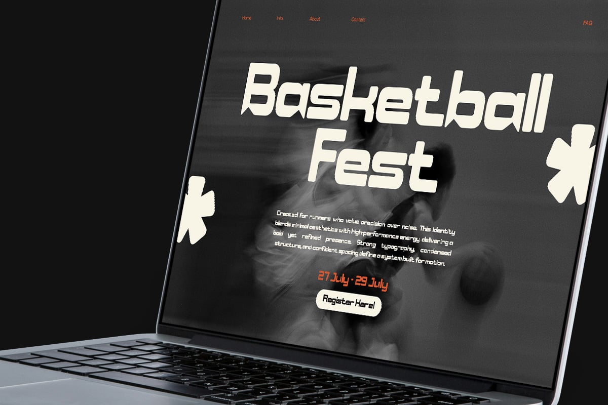 Laptop screen displaying Basketball Fest event website with bold cream typography on dark background, plus asterisk graphics