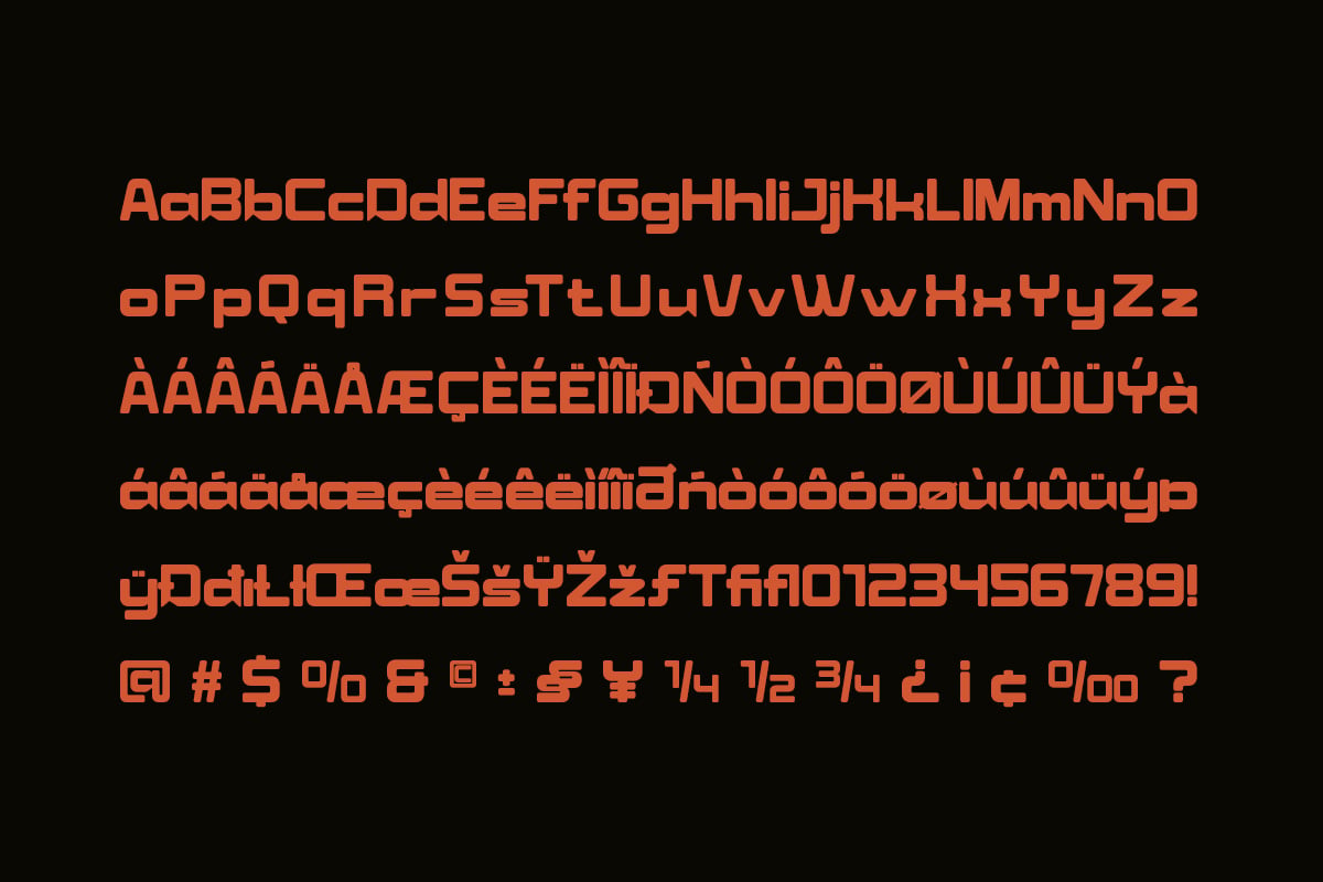 Bold sans serif font with international characters, accents, symbols on black background