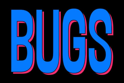 Bold blue letters with hot pink outlines spelling BUBS on black background