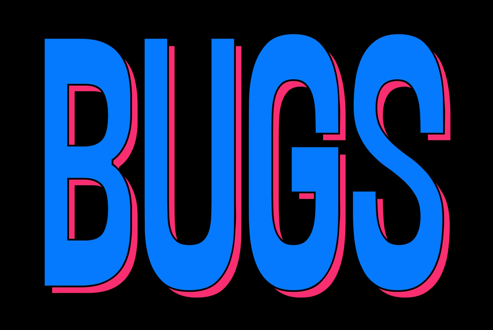 Bold blue letters with hot pink outlines spelling BUBS on black background