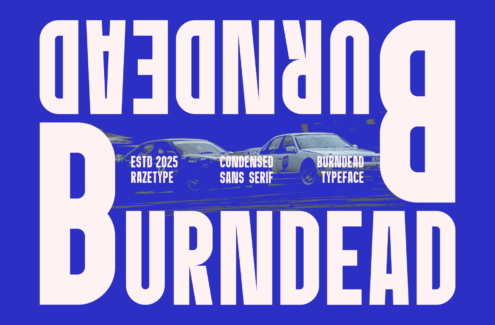 Overning Burndead condensed sans serif typeface with racing cars on blue