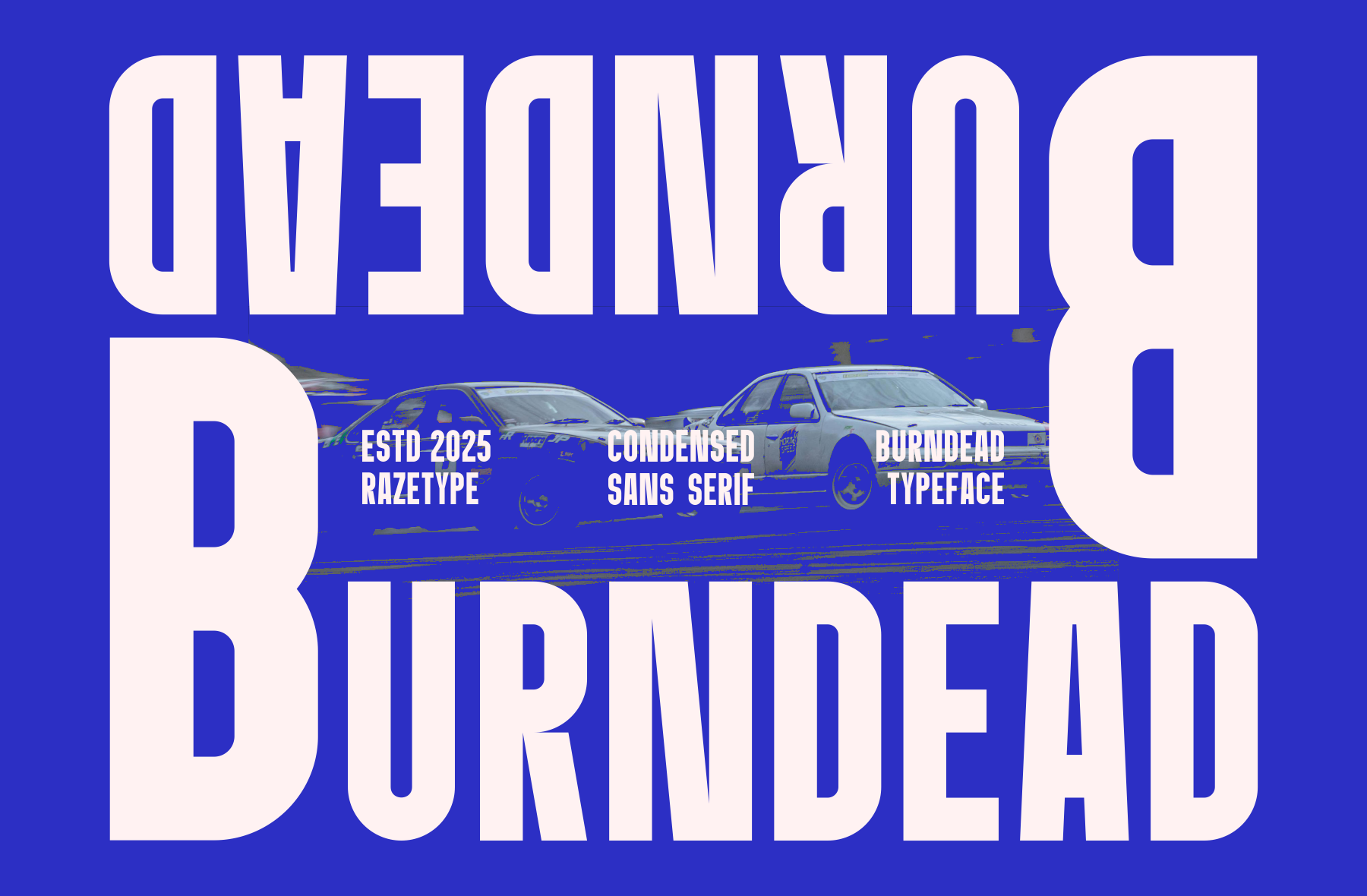 Overning Burndead condensed sans serif typeface with racing cars on blue