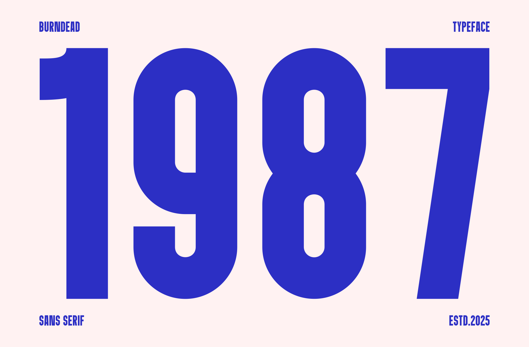 Burndead typeface specimen showing oversized blue numerals 1987 on cream background
