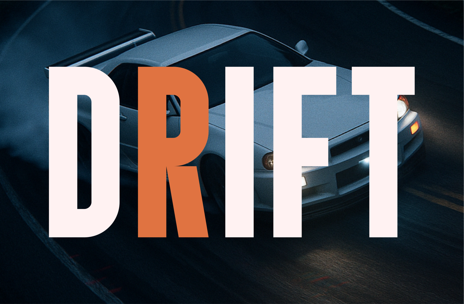 Bold typography overlay on moody car photo with cream, orange, black tones