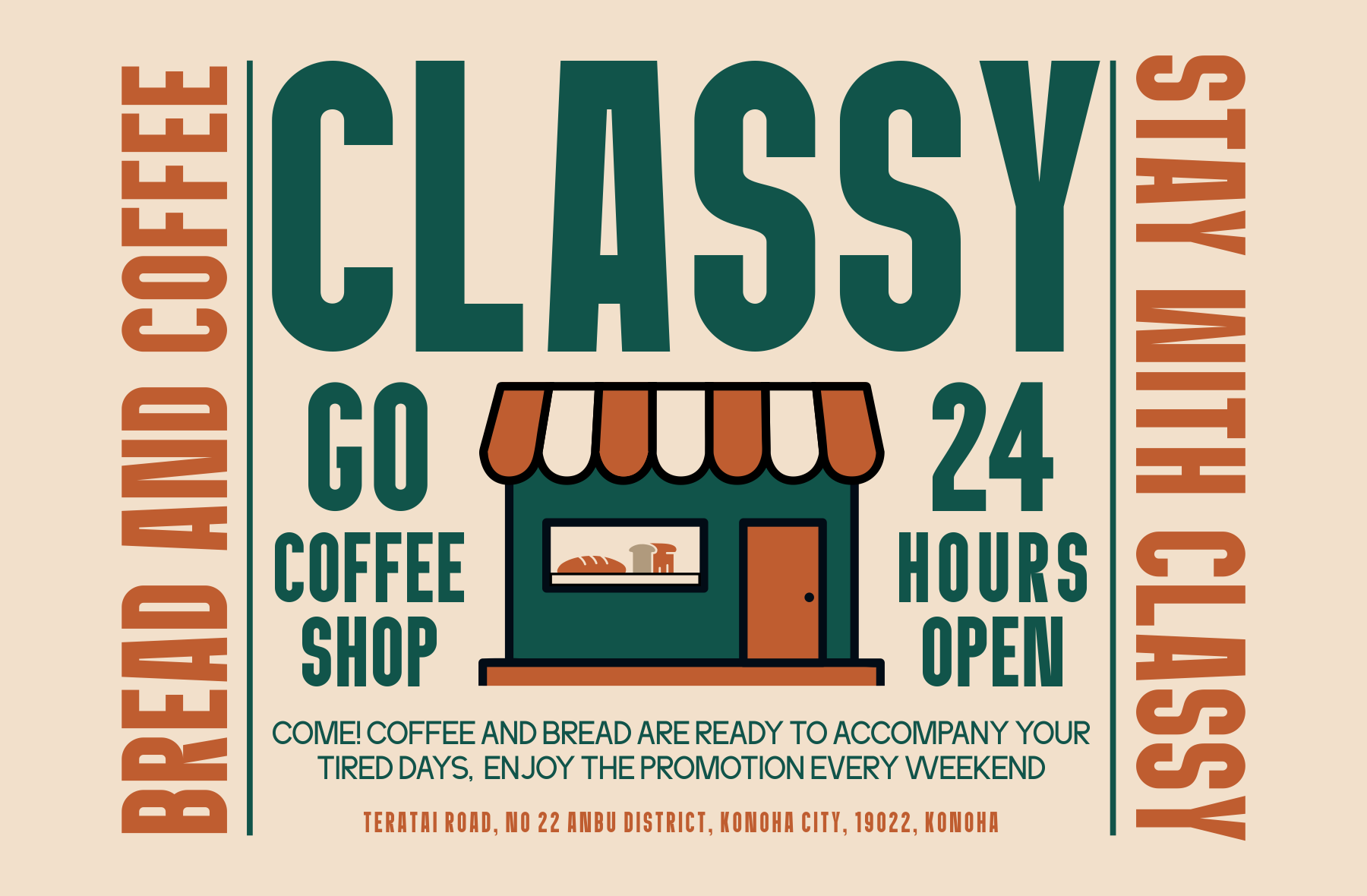 Retro coffee shop poster with teal storefront, orange accents, bold typography, 24 hour promo