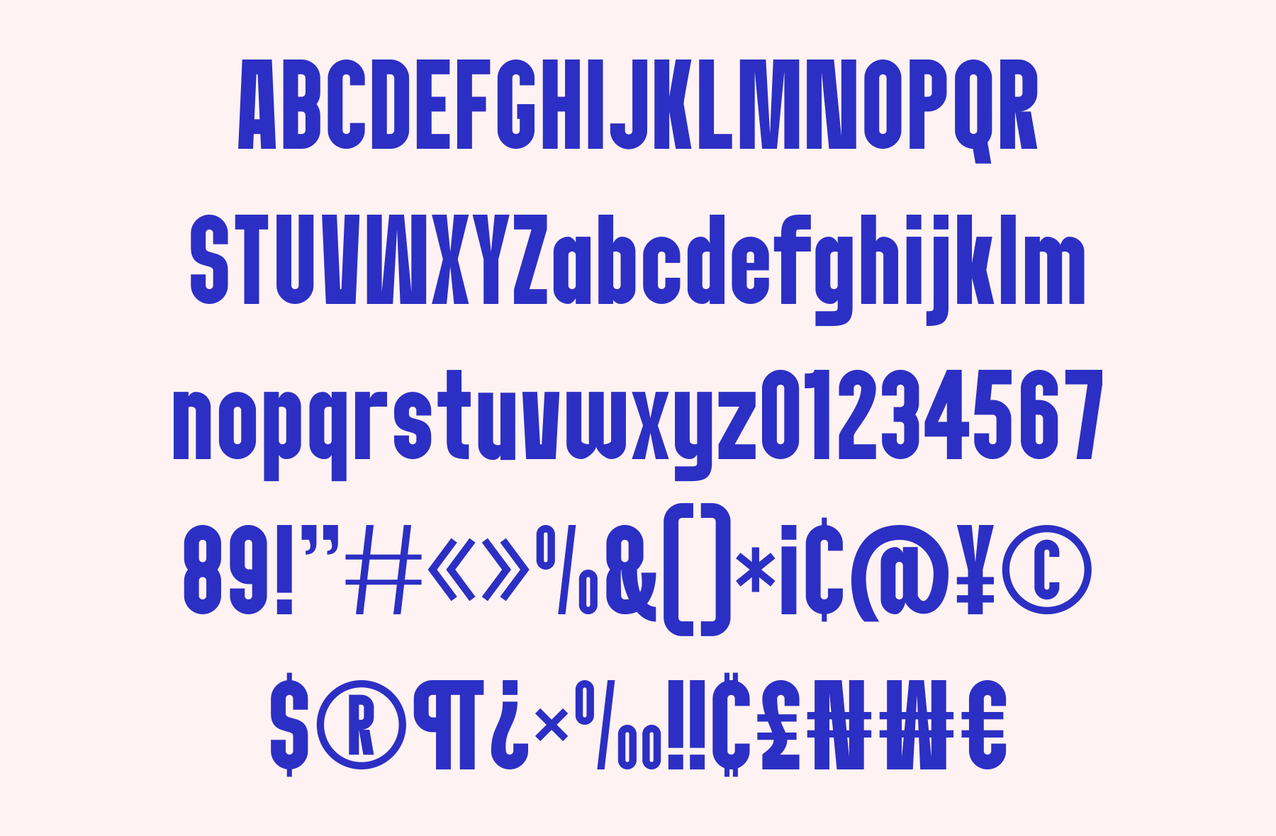 Bold blue condensed typeface showing full character set with letters, numbers, symbols on cream background