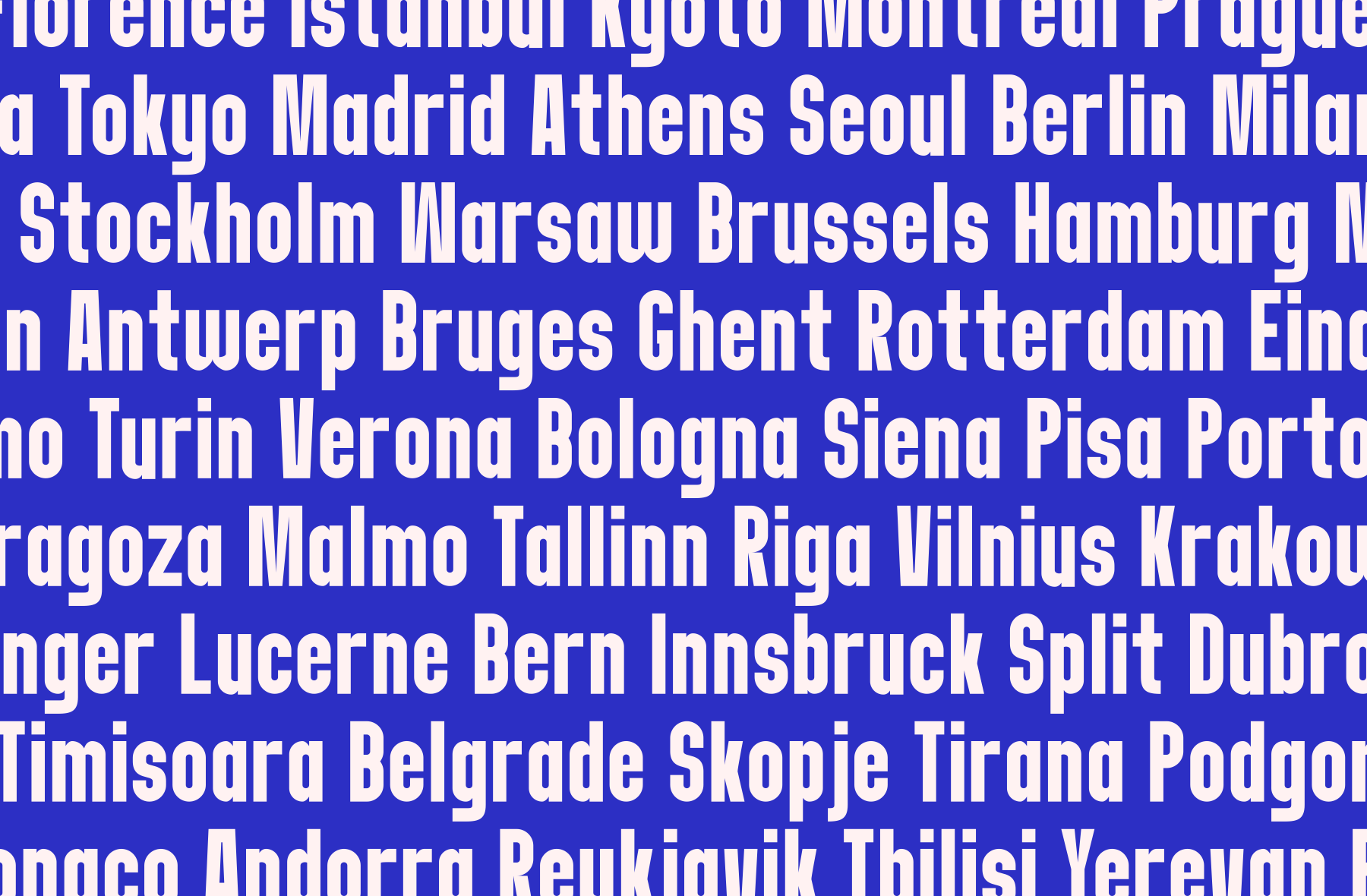 Bold white sans-serif text listing European cities densely packed on cobalt blue background
