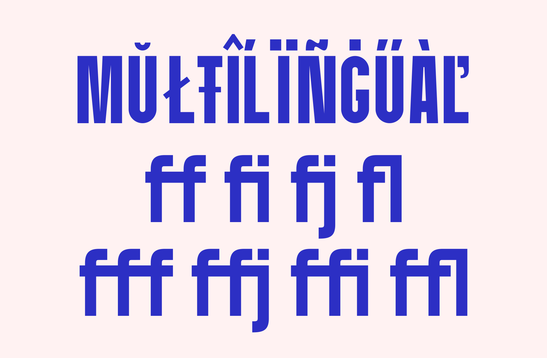 Bold blue sans serif font with multilingual characters displayed in rows on cream background