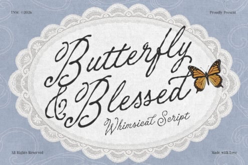 Butterfly Blessed whimsical script font displayed on lace doily with monarch illustration