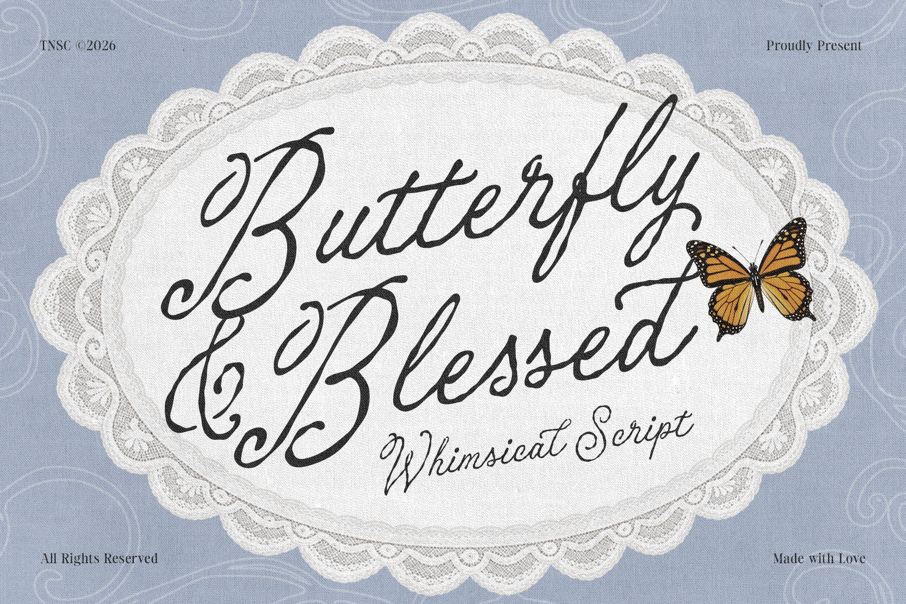 Butterfly Blessed whimsical script font displayed on lace doily with monarch illustration