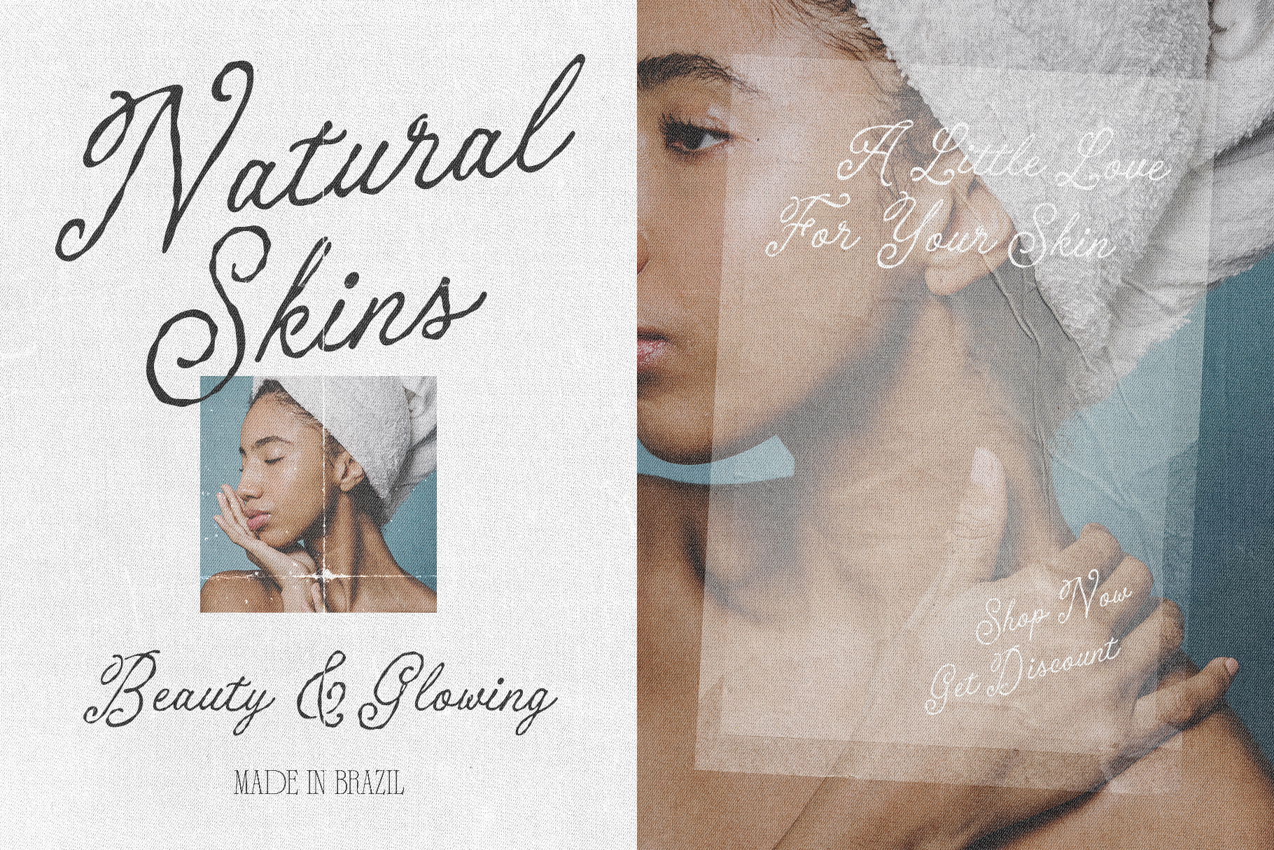 Skincare brand poster with flowing script typography, beauty photography of woman with glowing skin, soft blue tones