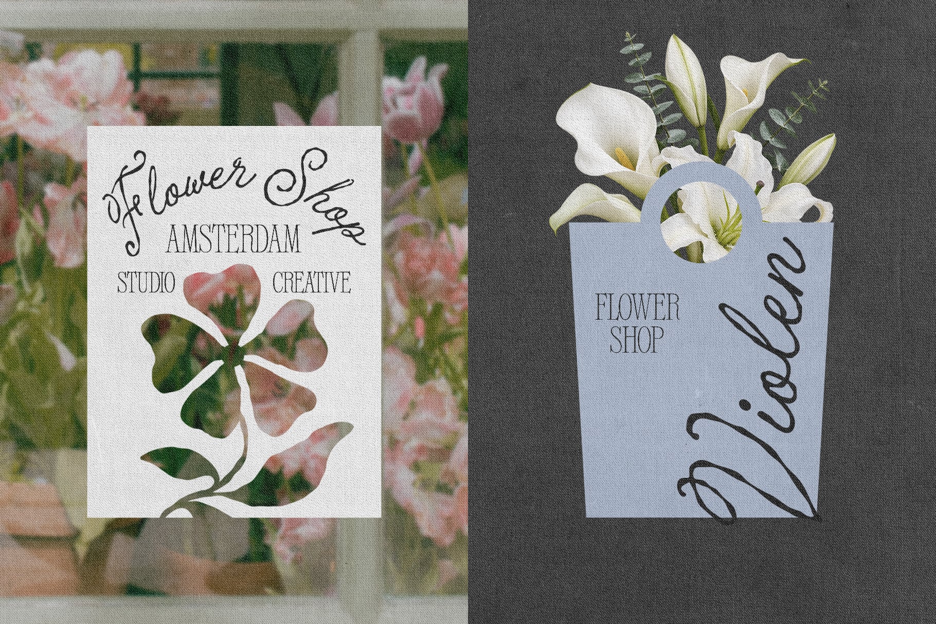 Floral shop branding mockup with business card, vase design, calligraphy lettering, white lilies