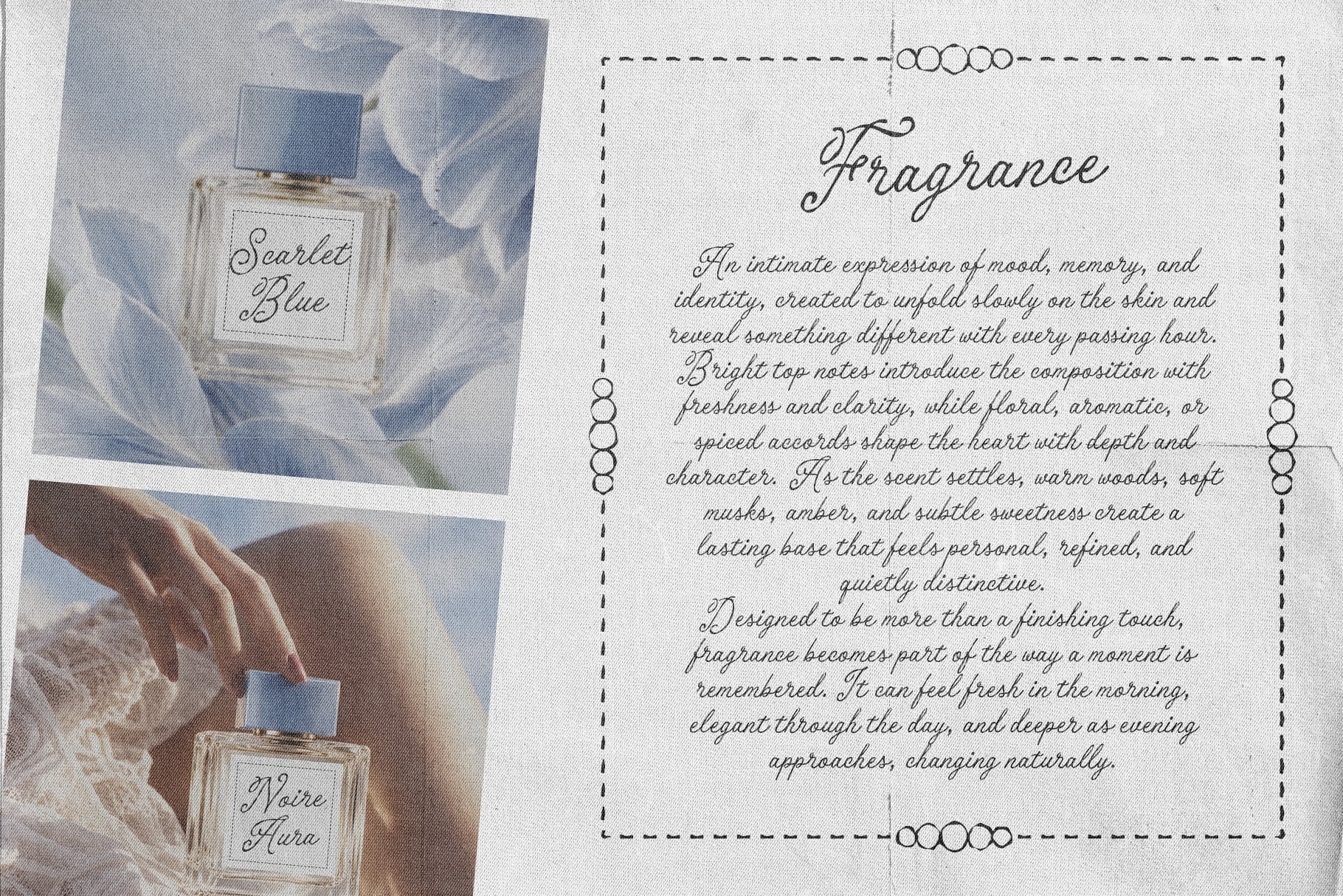 Luxury fragrance mockup with two square bottles labeled Scarlet Blue plus Noire Aura on dreamy blue floral background