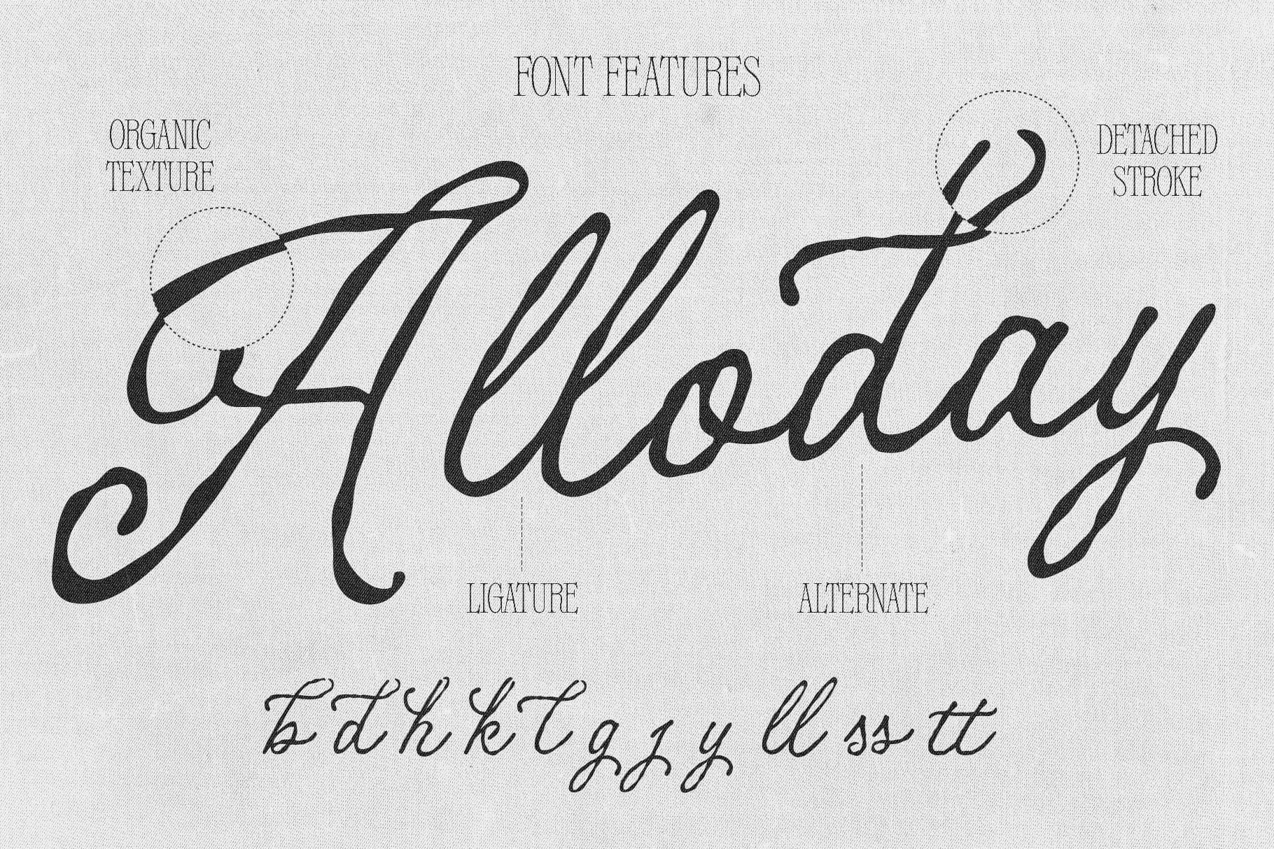 Elegant script font with organic texture, detached strokes, ligatures plus alternates