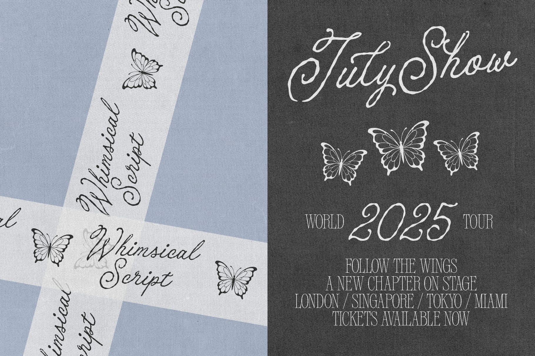 Elegant concert poster mockup with script typography, butterfly illustrations, tour dates across dark charcoal with cream ribbon overlay