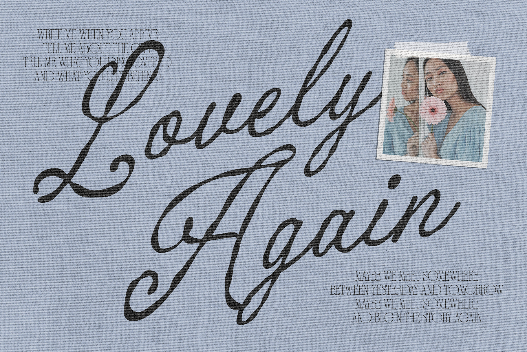 Romantic scrapbook layout with script typography, photo frame, sentimental quotes on blue background