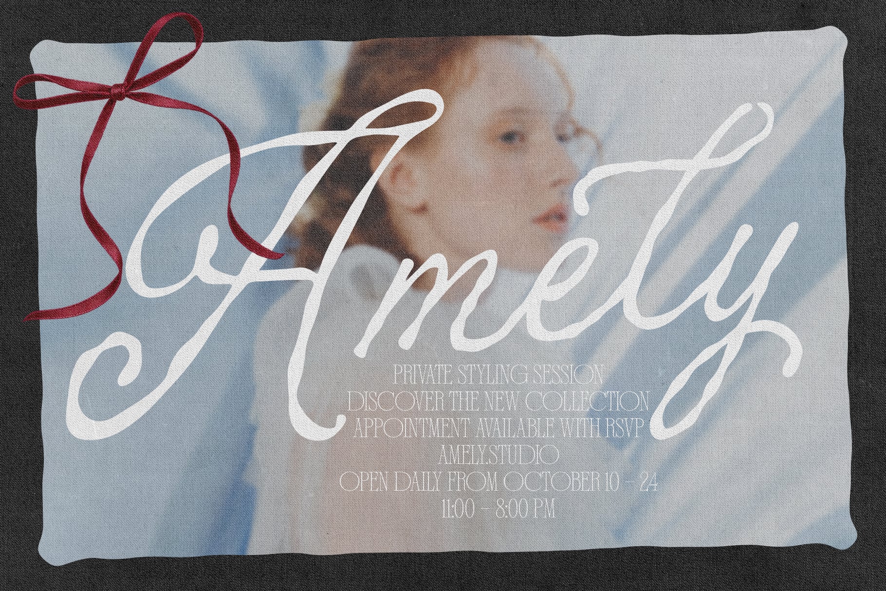 Elegant event invitation mockup with soft script typography, red ribbon detail, child portrait background