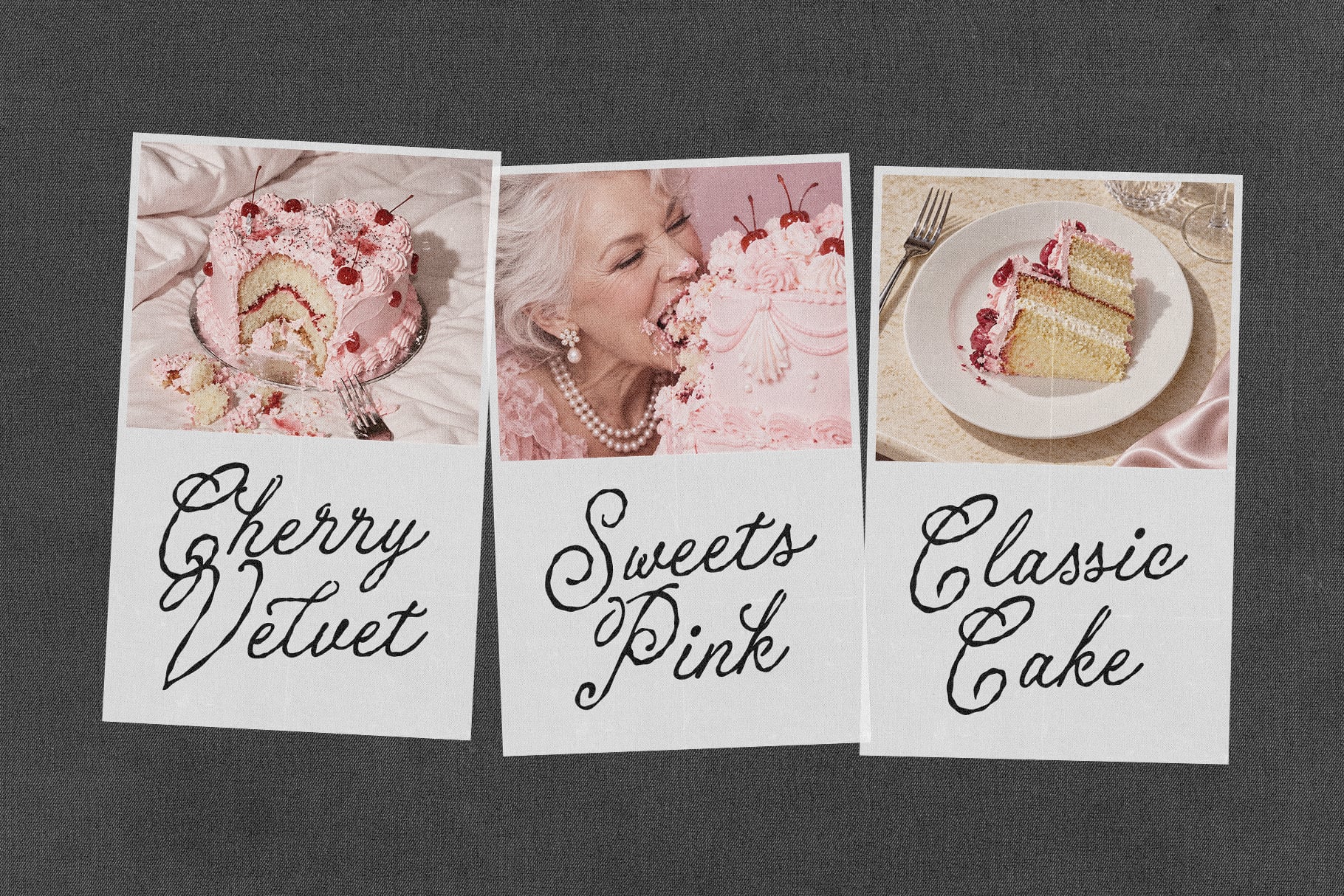 Three polaroid-style mockups showing elegant pink cakes with cherry garnishes, cursive typography labels