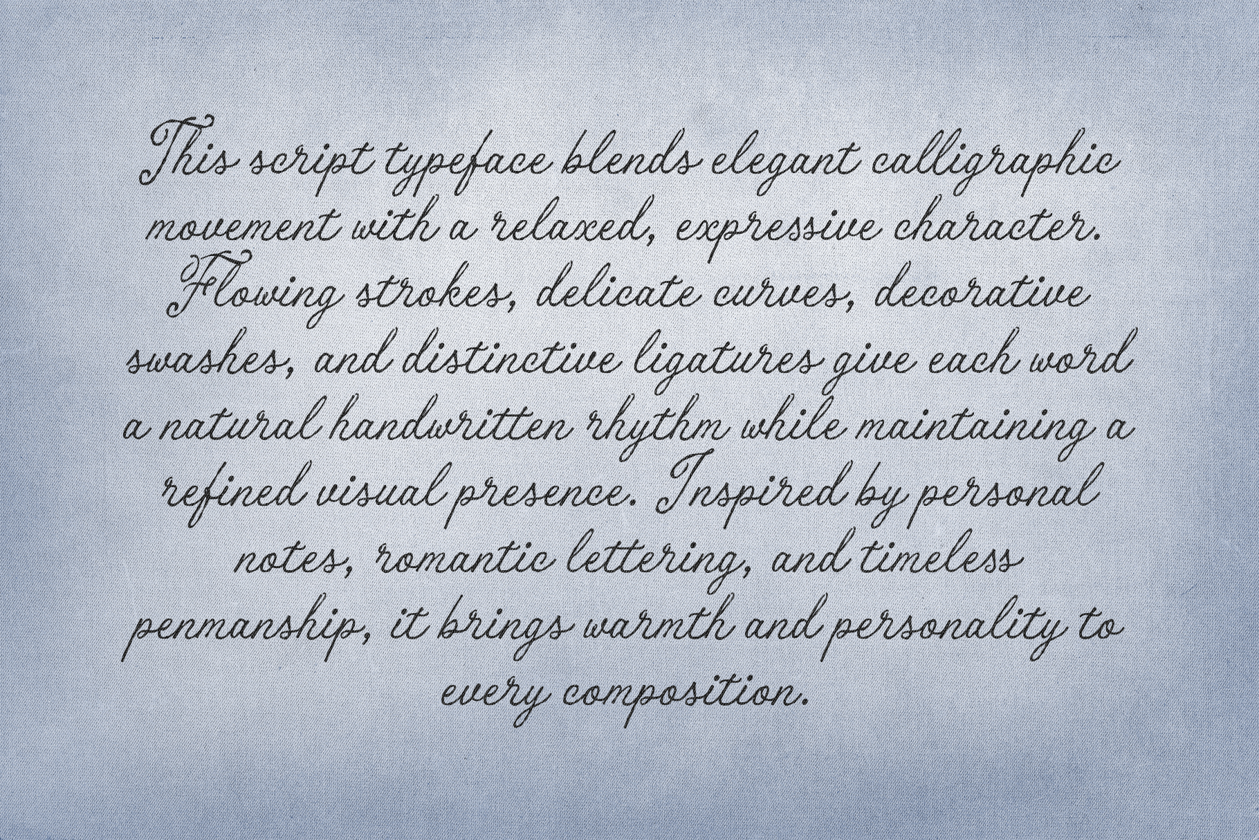 Elegant script typeface with flowing calligraphic strokes on textured blue background