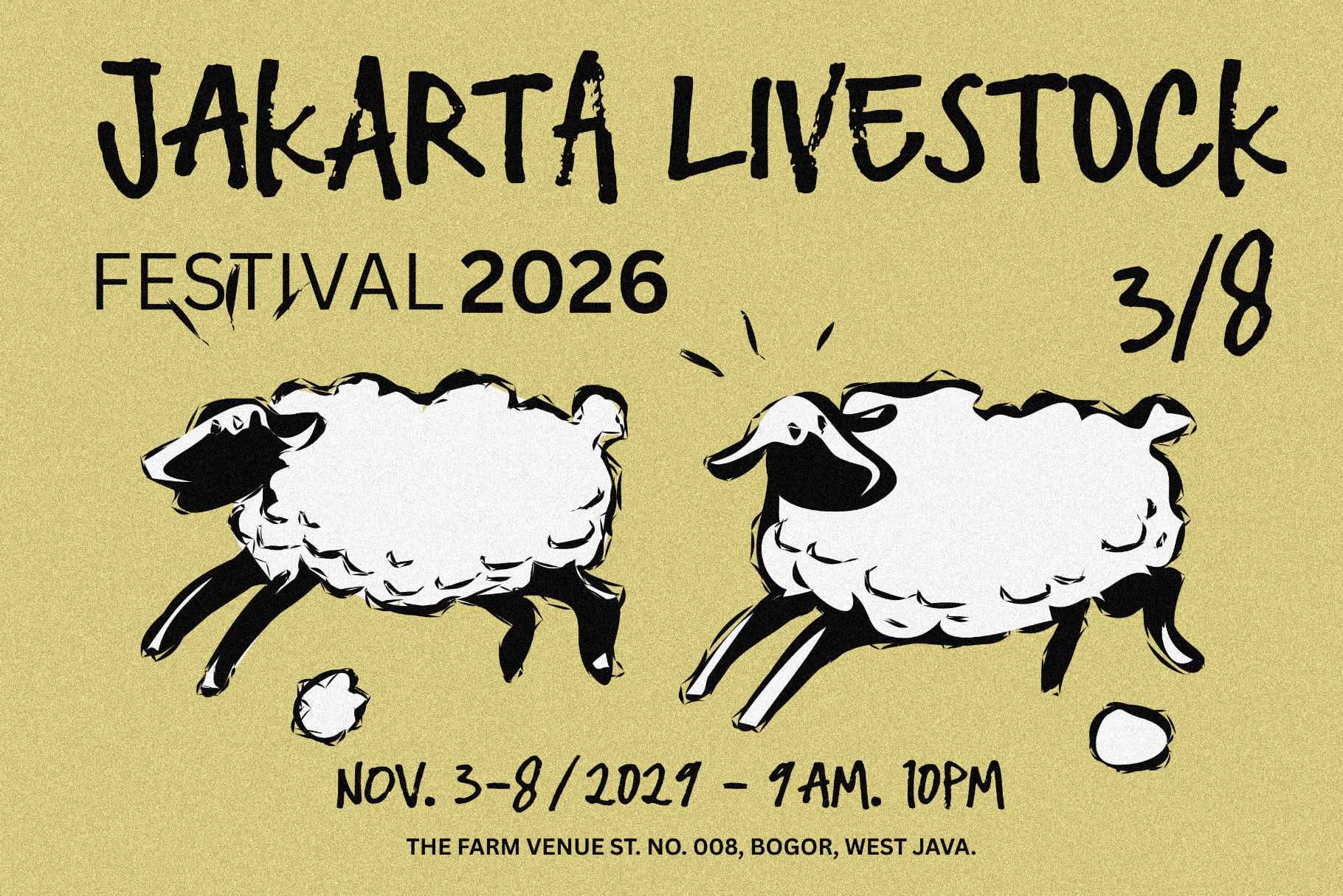 Hand drawn sheep jumping on mustard yellow background for Jakarta livestock festival poster mockup