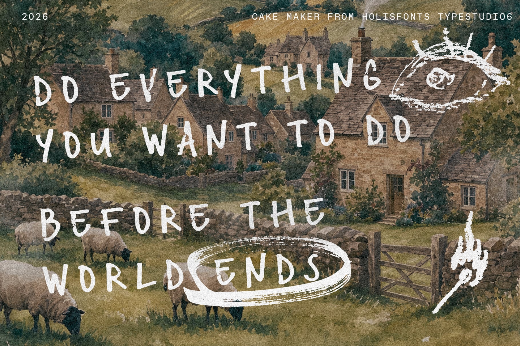 Vintage countryside landscape with stone cottage, grazing sheep, sketchy doodles overlaid on motivational text in Cake Maker font