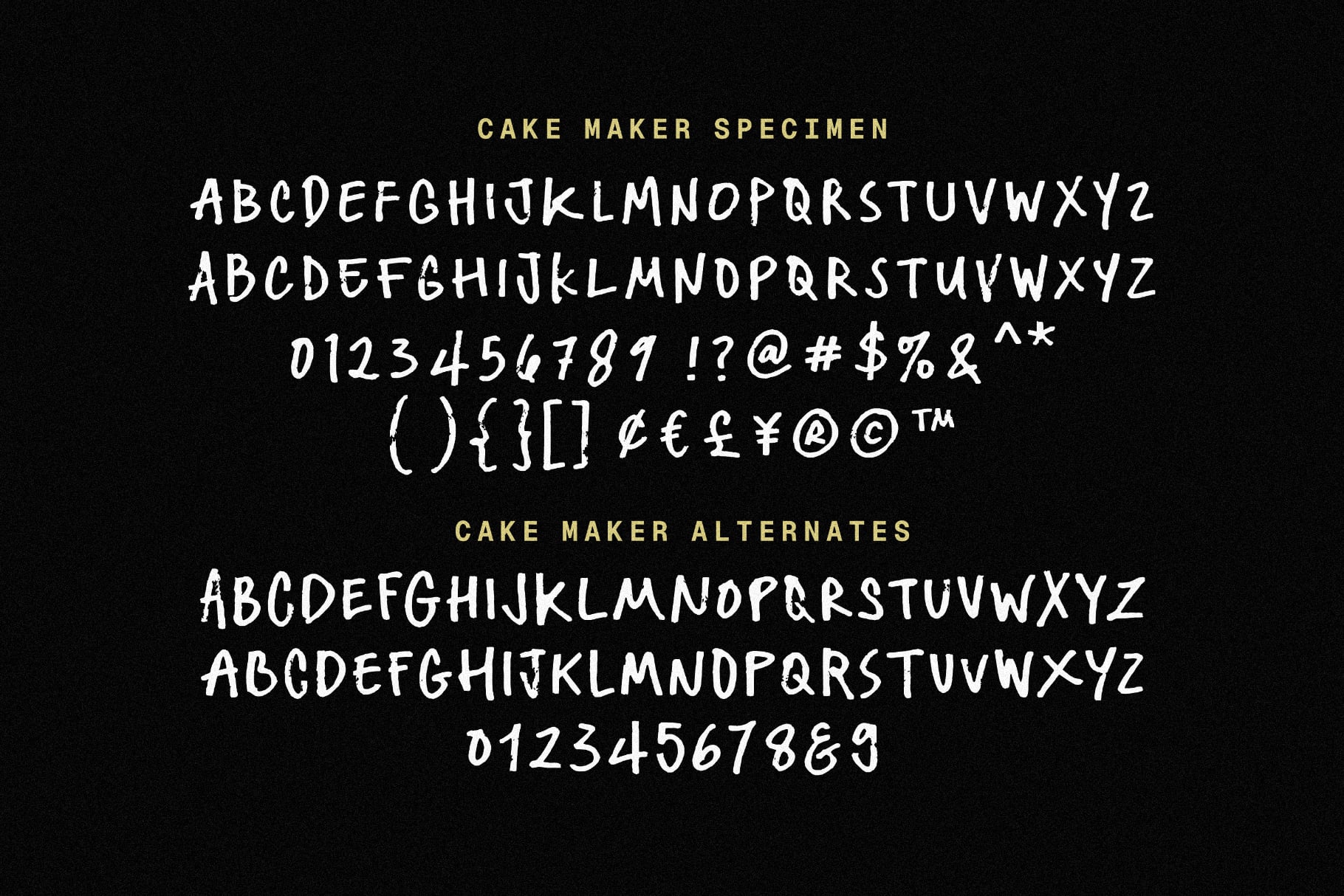 Cake Maker font with full character set, alternates, numbers, symbols on black